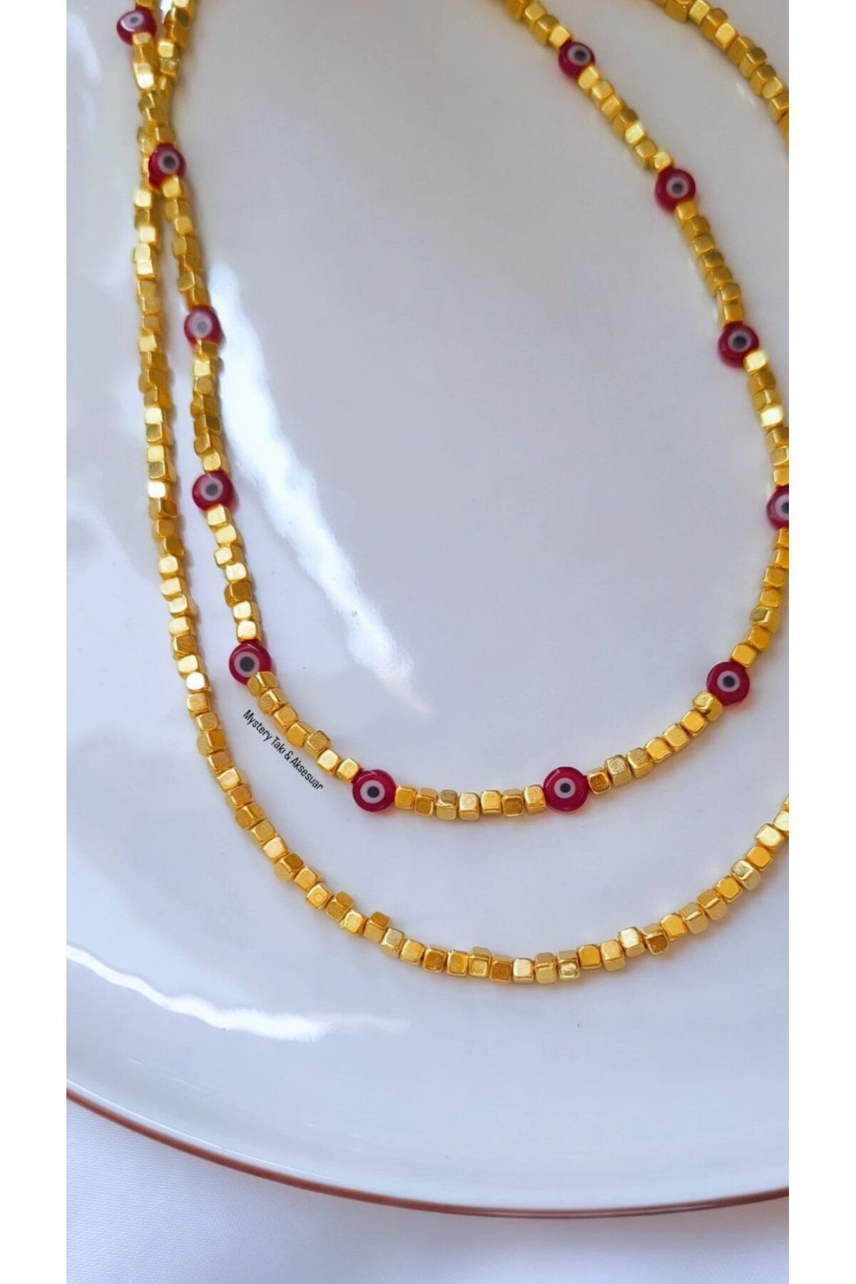 MYSTERY TAKI AKSESUAR KÜP GOLD BONCUK CHARM 2'Lİ KOLYE