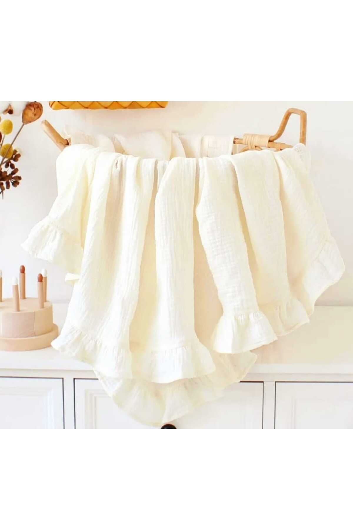 KUM SAATİ Müslin Fırfırlı Örtü Bebek Battaniye Bebek Pike %100 Organik Pamuk 100x100 Cm