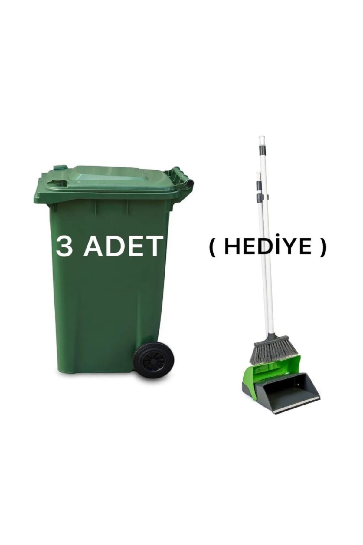 ELCY 3 Adet Yeşil Plastik Çöp Konteyneri 240 LT Isıya Karşı Dayanıklı Faraş Hediyeli