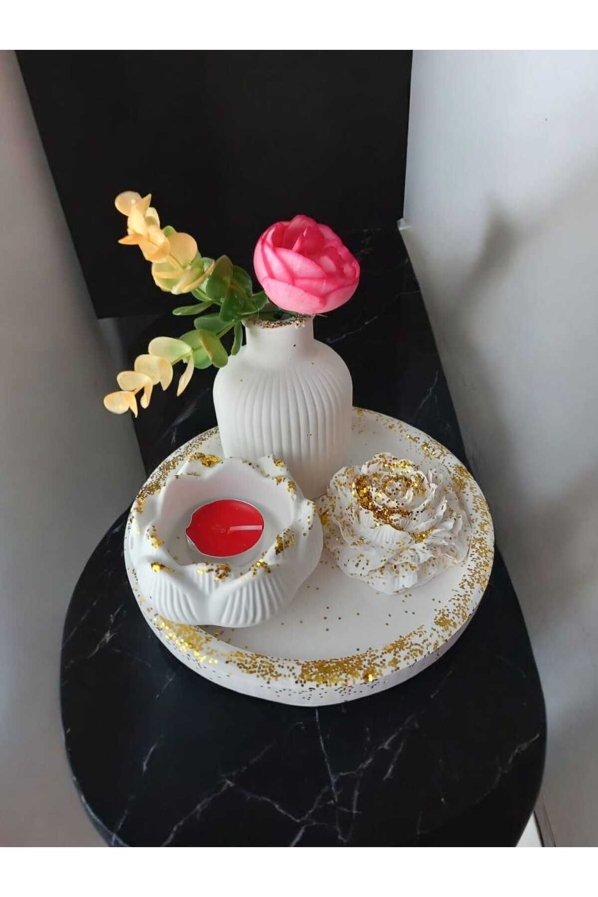AYŞEM Gold Detaylı Dekoratif Alçı Vazo,Lotus Mumluk,Şakayık Gülü,Yuvarlak Tepsili Dekoratif Hediyelik Set
