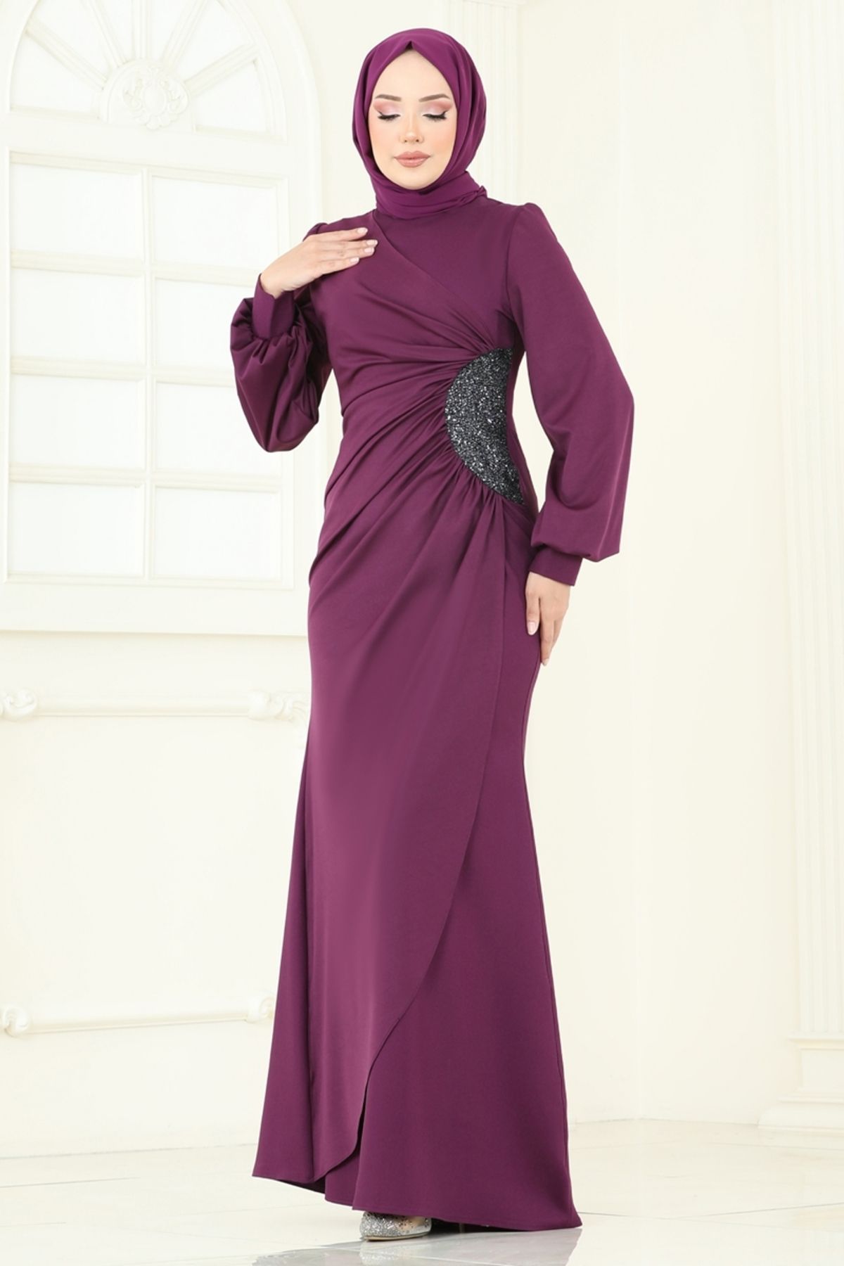 Modaselvim Pul Payetli Abiye Elbise 2770ASMK1074 Mor