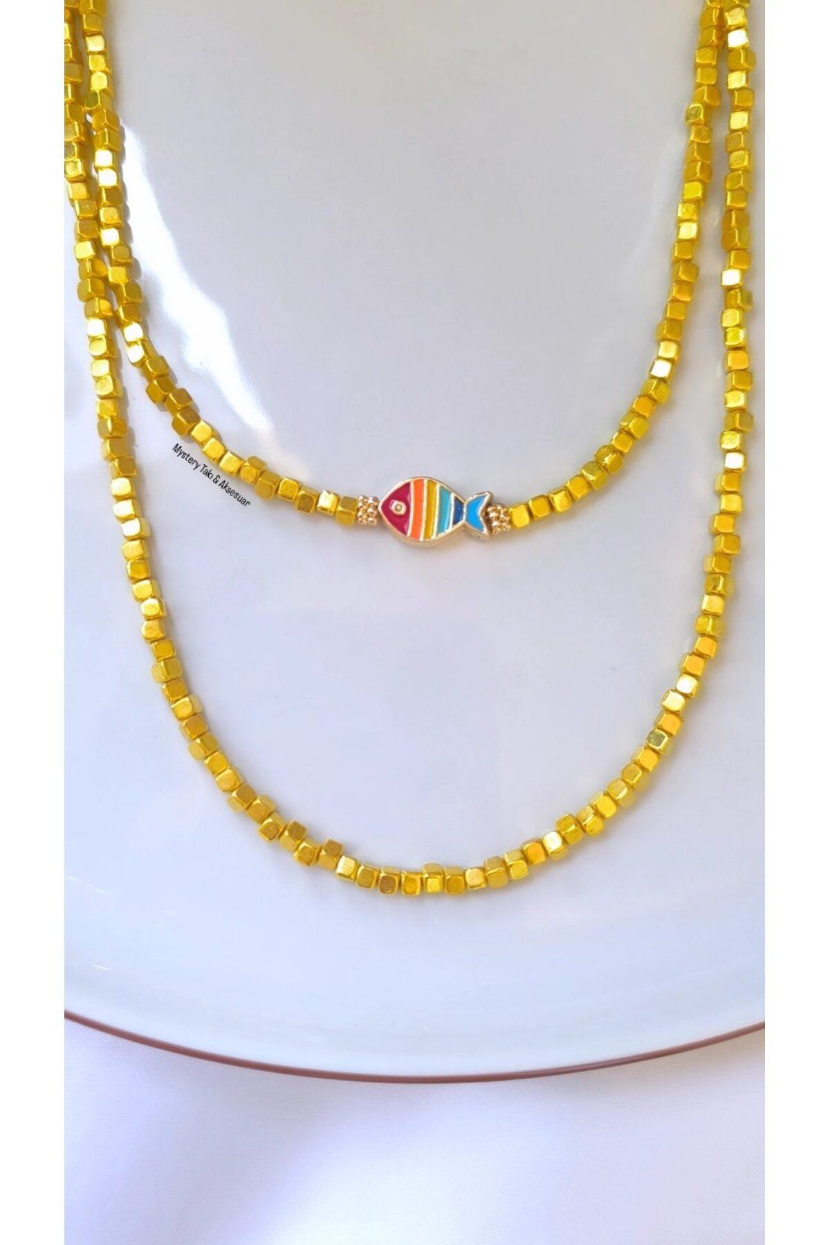 MYSTERY TAKI AKSESUAR KÜP GOLD BONCUK CHARM 2'Lİ KOLYE