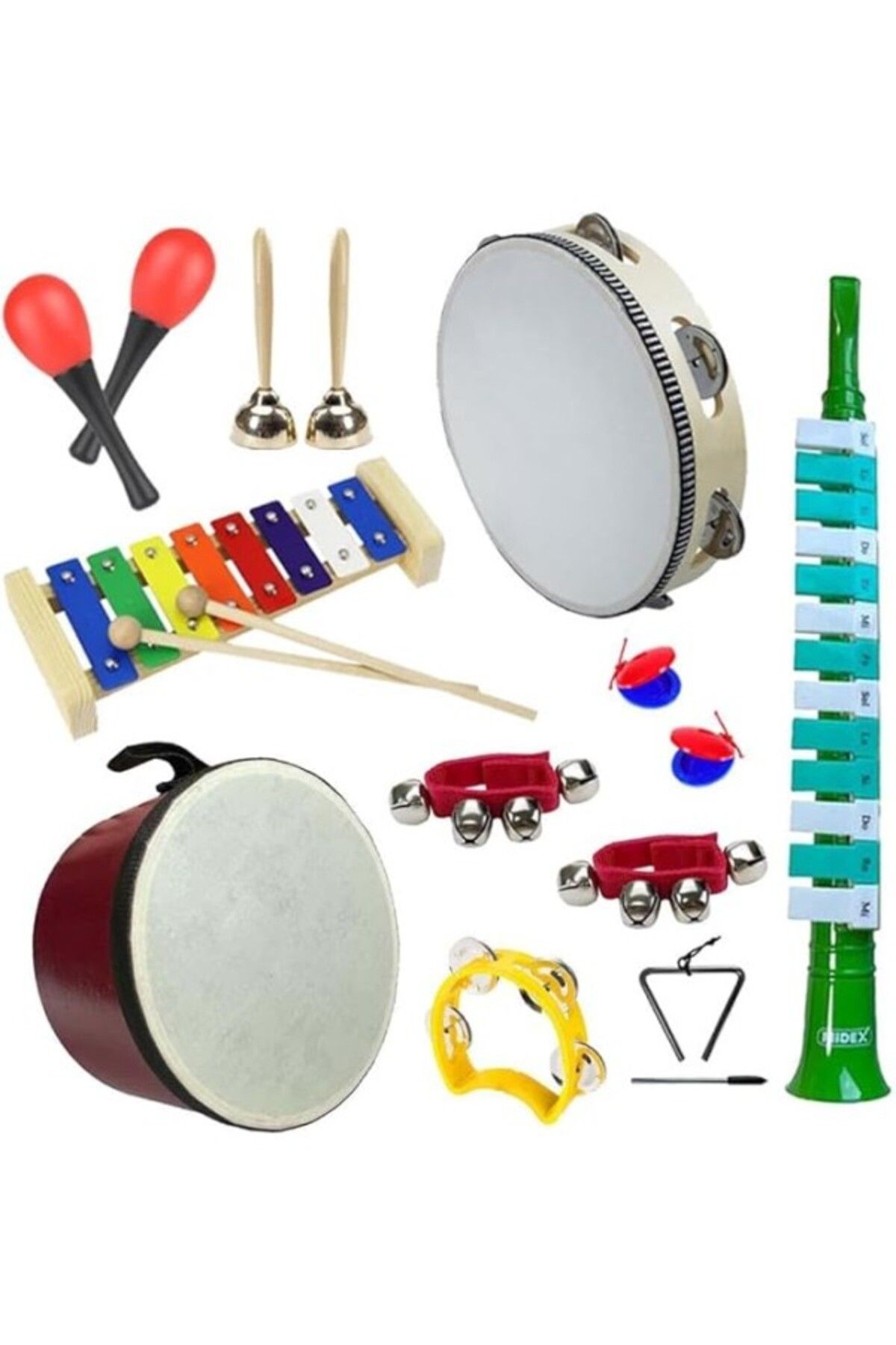 ShopZum Örf Aletleri Seti Median Paket-2 Maracas Zil Kastanyet Üçgen Ritim Ksilofon Davul Tef (11