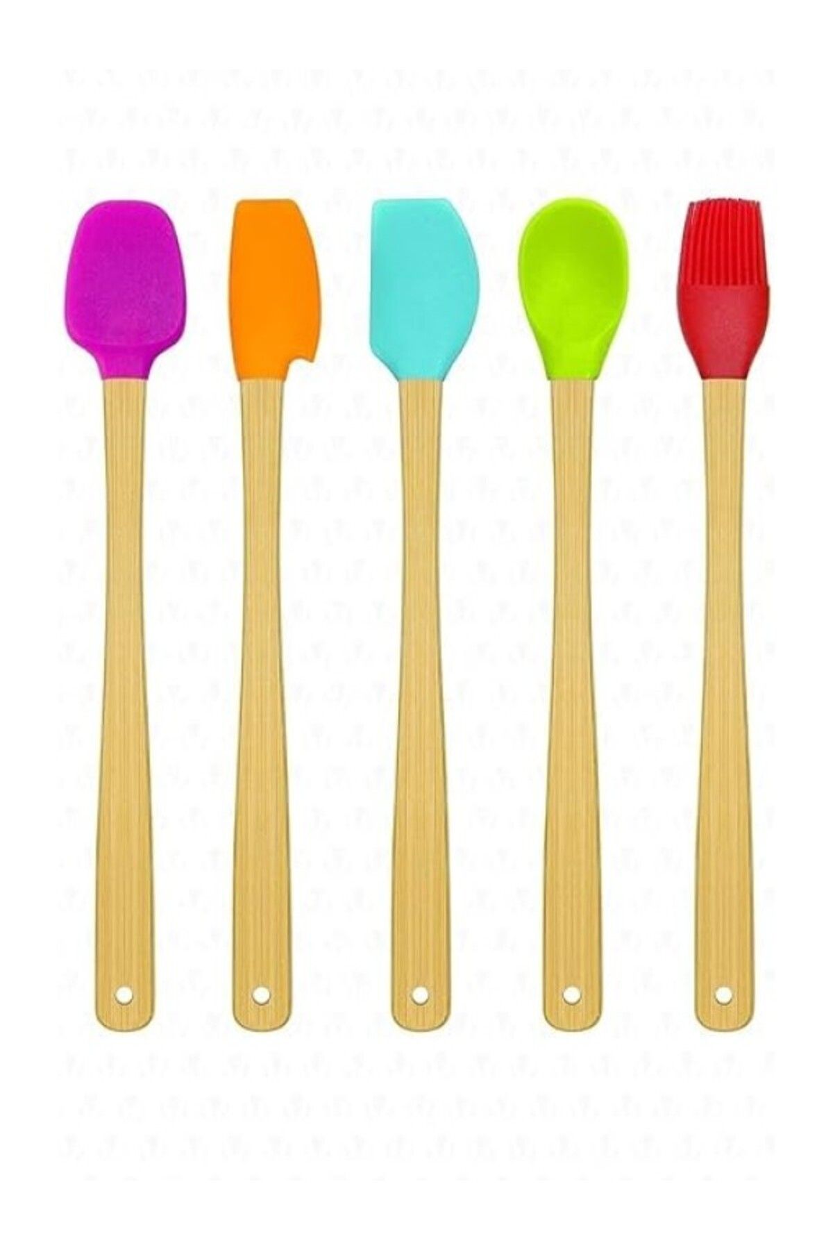 ShopZum 5 Parça Bambu Saplı Mini Silikon Spatula Kaşık Fırça Seti Renkli