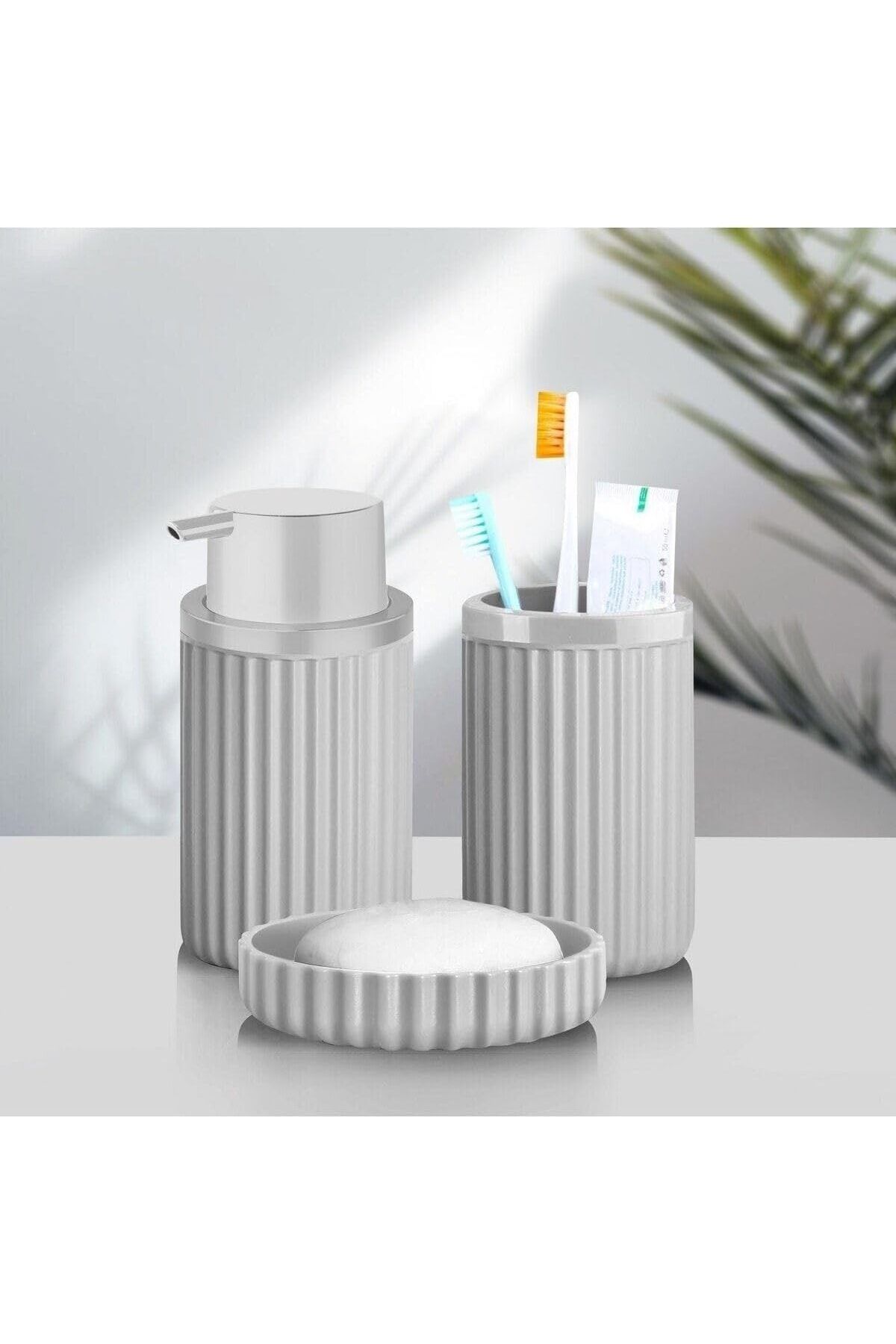 STOREMAX sellbuystore Haus Banyo Takımı Diş Fırçalık Sıvı Sabunluk Katı Sabunluk 3'lü Set Gri 1053