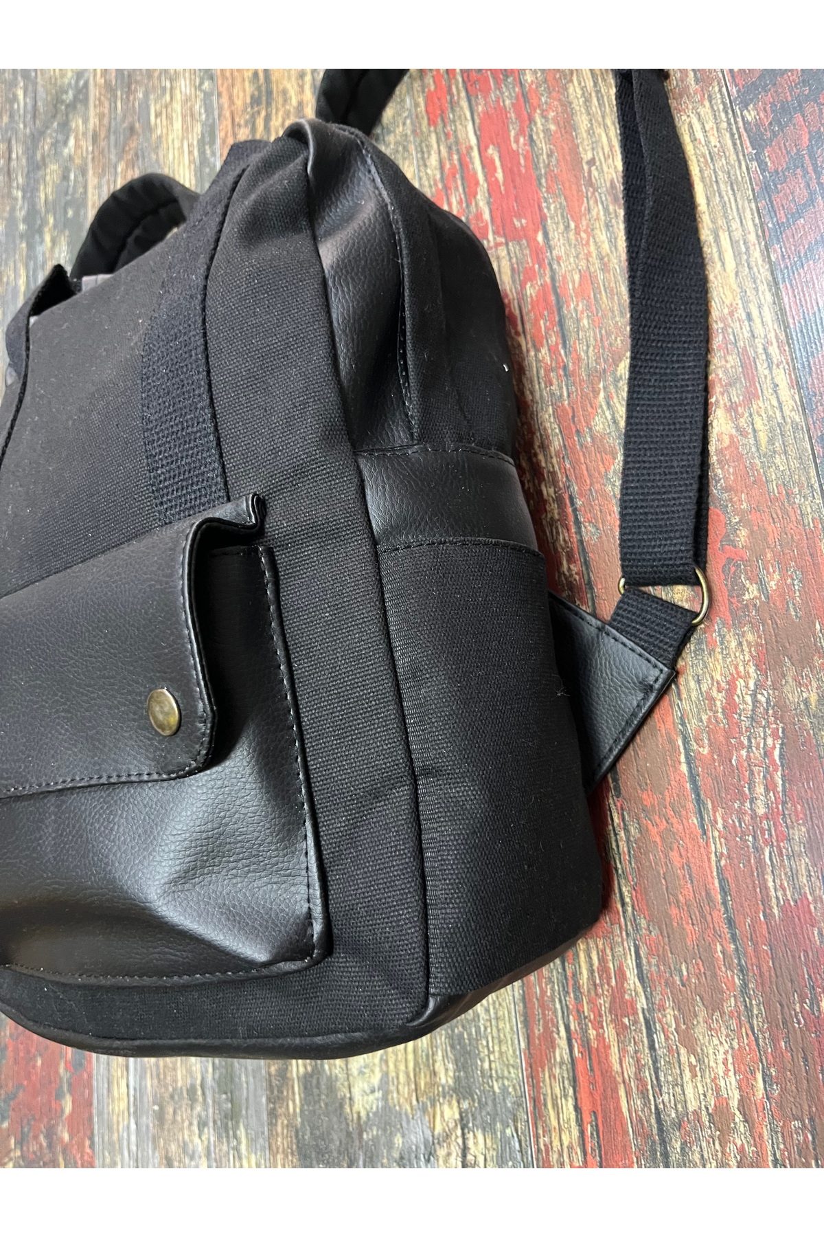 street&bagdnz Siyah Modern Tasarım Kanvas Deri Su Geçirmez Cepli Taşıma Kollu Sırt Çantası fotoğrafı 3 (önizleme)