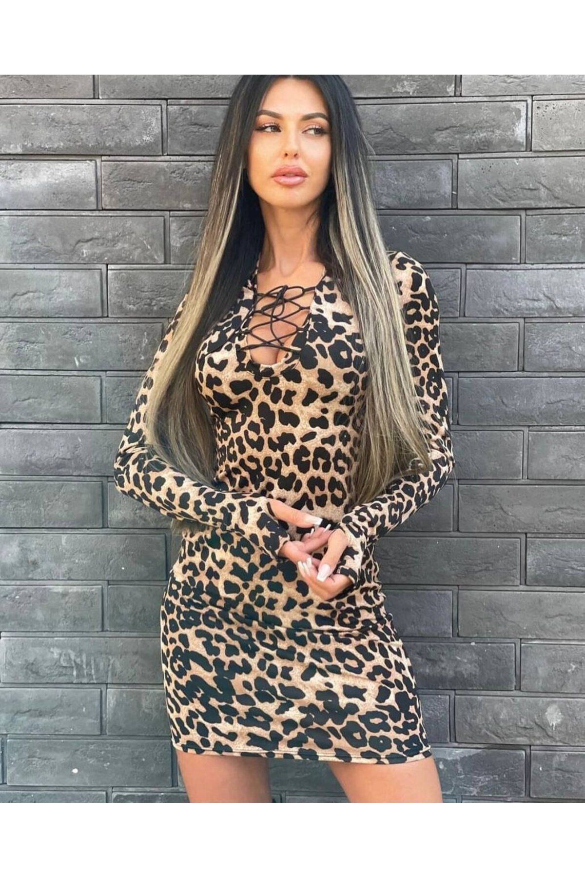 DEAG Kadın örme Viskon Kumaş Leopar Desenli çapraz Göğüs Detay Mini Boy Elbise