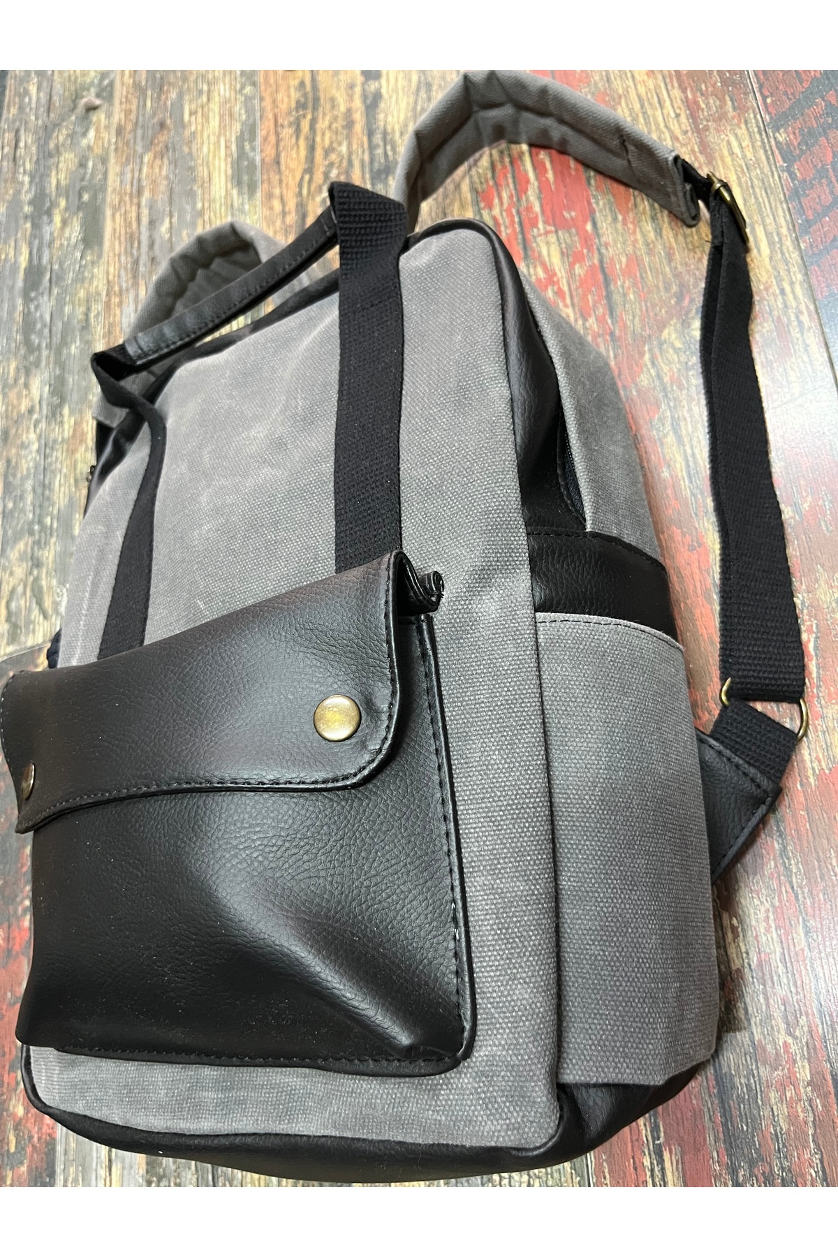 street&bagdnz Antrasit Modern Tasarım Kanvas Deri Su Geçirmez Cepli Taşıma Kollu Sırt Çantası fotoğrafı 3 (önizleme)