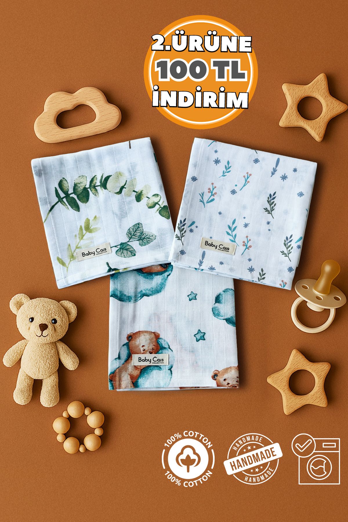 Baby Cais Collection Çok Amaçlı Müslin Örtü & Battaniye 3'lü Set %100 Pamuk Oeko-teks Sertifikalı