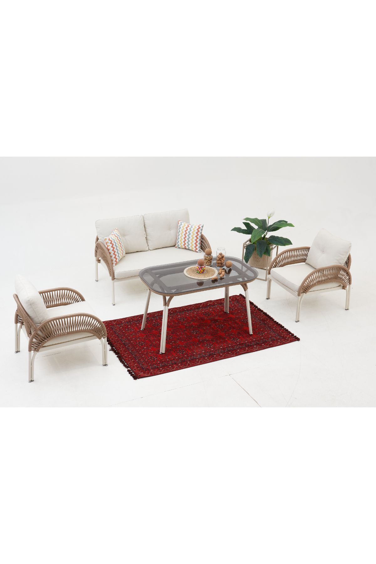Divona Home Comfort İp Örgü Bahçe Balkon Oturma Grubu (2+1+1+M)