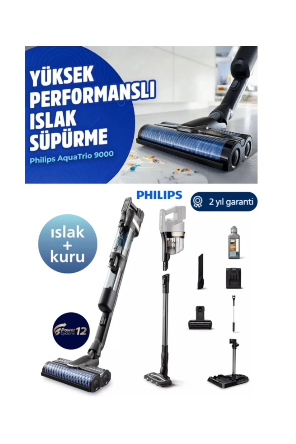 Philips Islak & Kuru Aqua Trio Hibrit Güç Motorlu Ultra Premium Kablosuz Dikey Süpürge - Yeni Seri