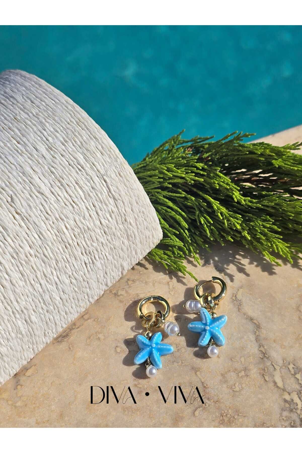 DivaViva Stellaria - Minimal Deniz Yıldızı ve İncili Charm Kadın Küpe