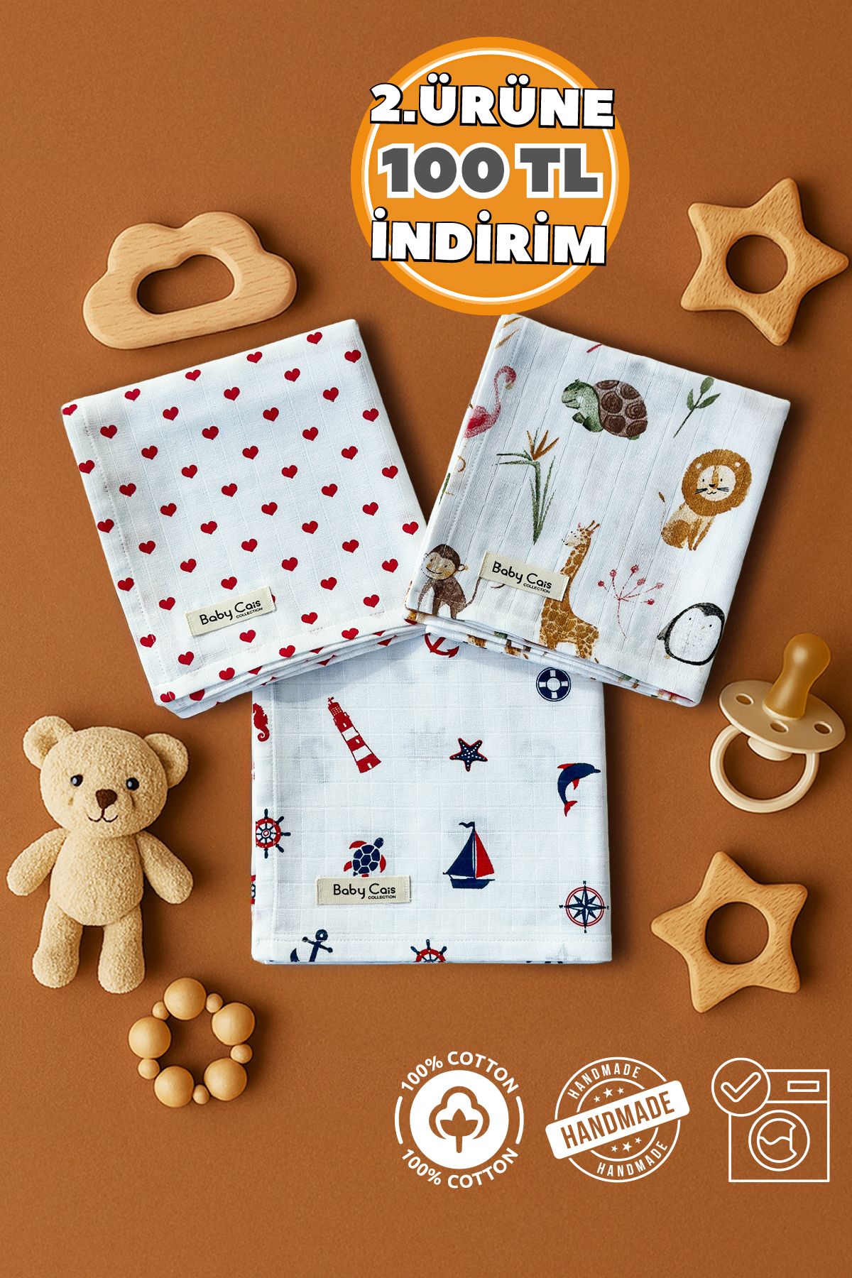 Baby Cais Collection Çok Amaçlı Müslin Örtü & Battaniye 3'lü Set %100 Pamuk Oeko-teks Sertifikalı