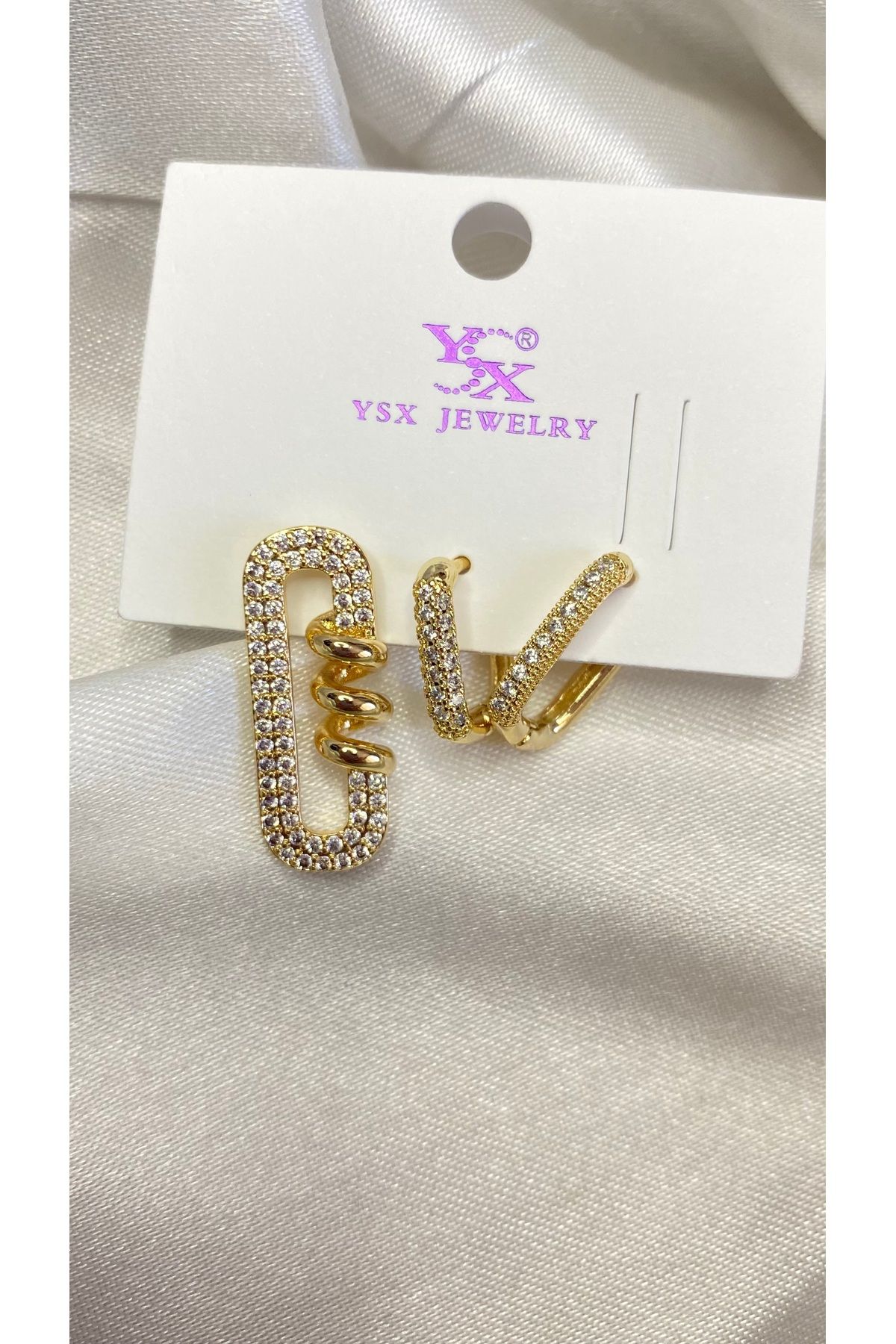 GLOWVİA AKSESUAR Kadın Gold 3’lü Küpe Seti Sallantılı Zirkon Taşlı