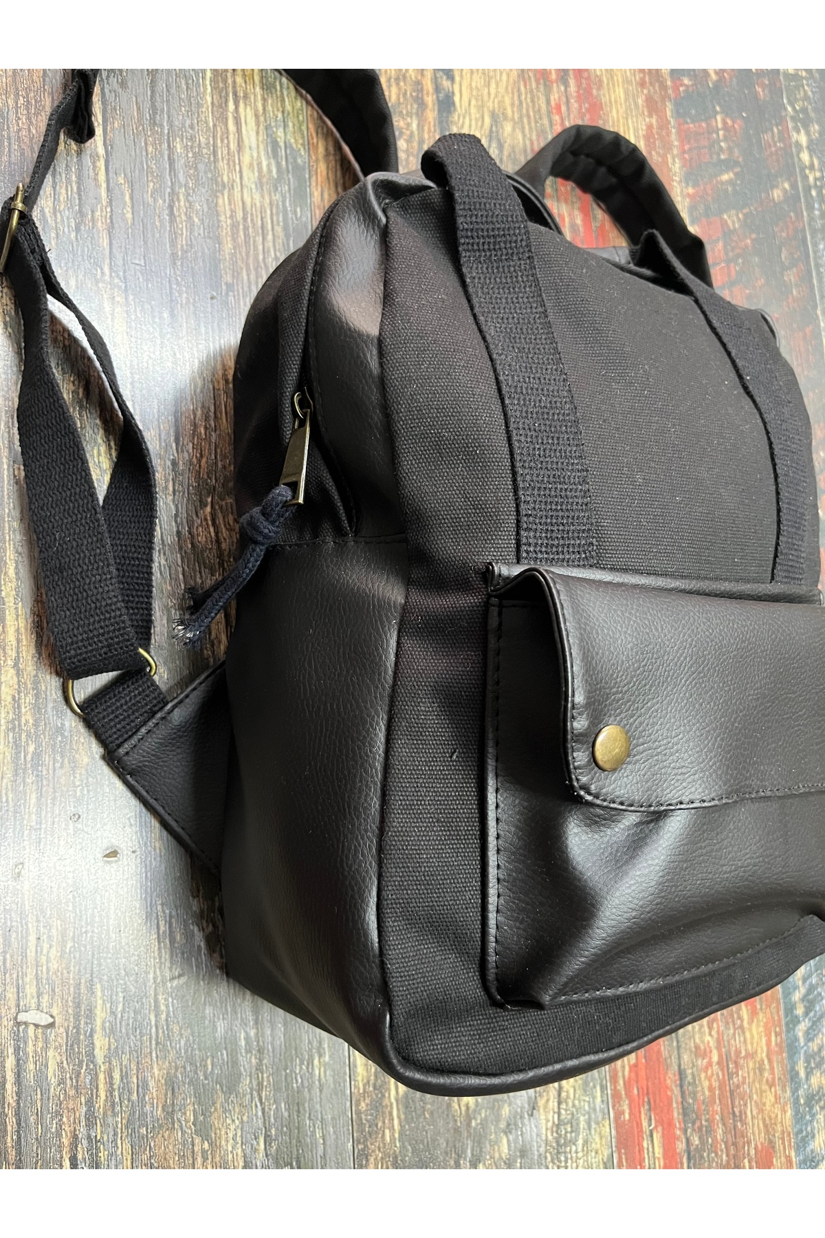 street&bagdnz Siyah Modern Tasarım Kanvas Deri Su Geçirmez Cepli Taşıma Kollu Sırt Çantası fotoğrafı 2 (önizleme)