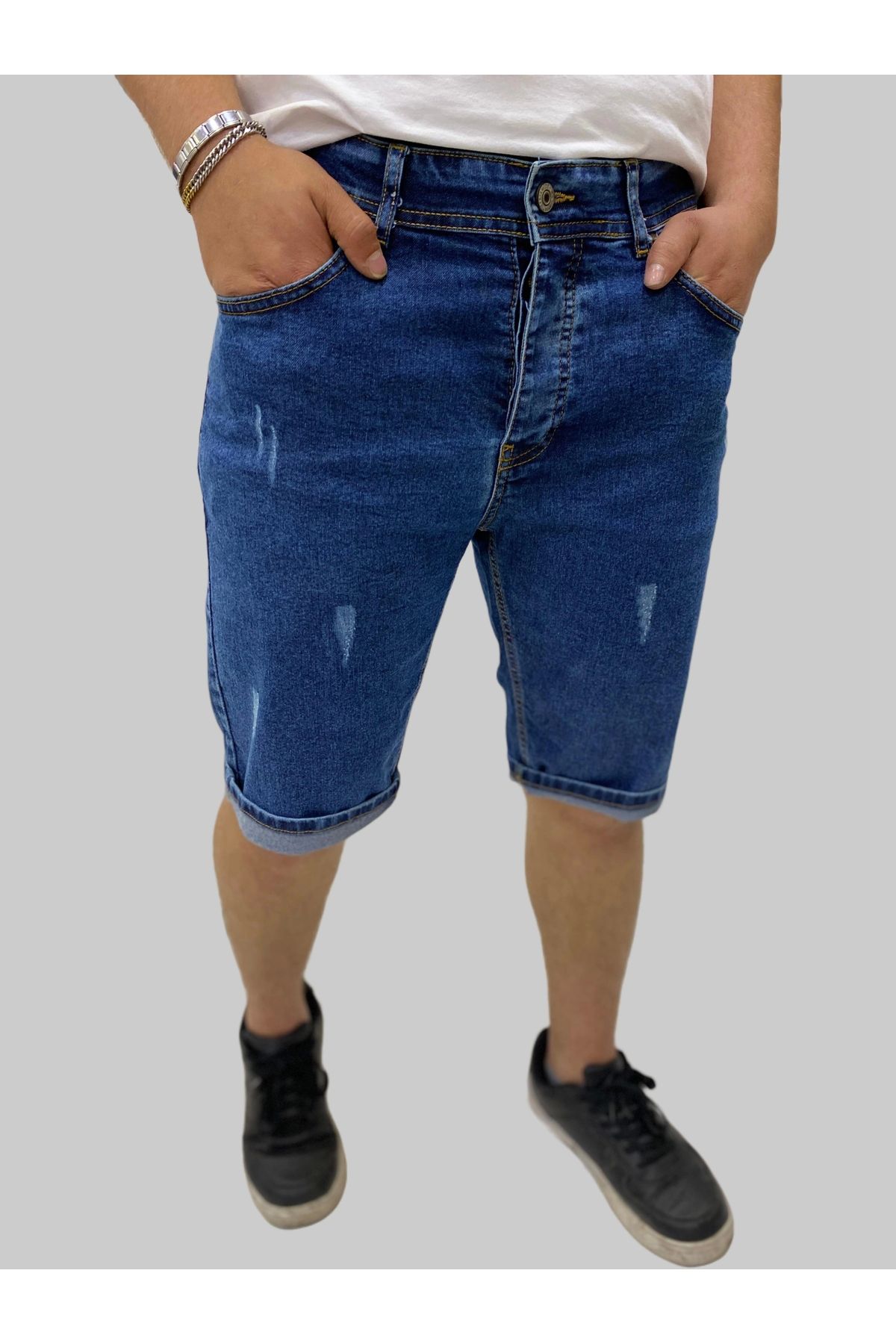 daniel milano Erkek Sers Denim Pamuklu Slim Fit Mavi Tırtıklı Kot Kapri