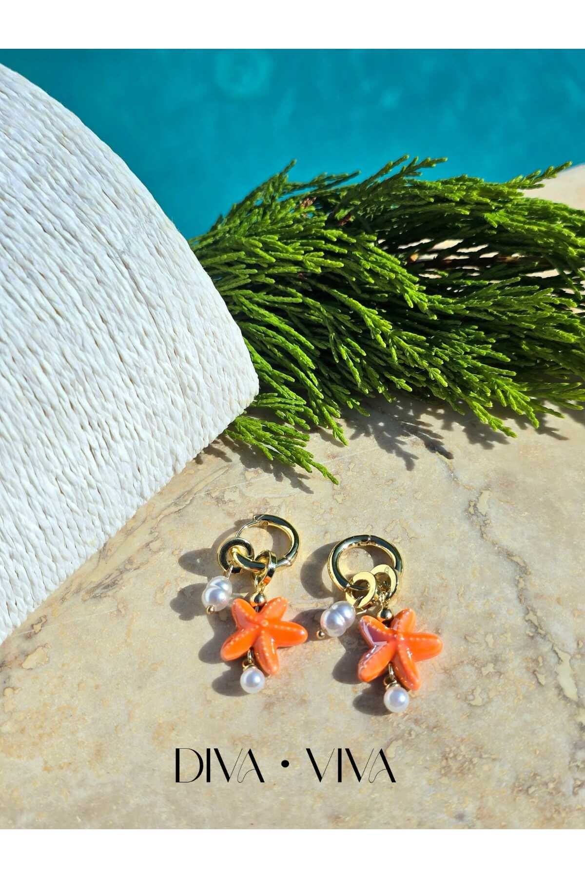 DivaViva Stellaria - Minimal Deniz Yıldızı ve İncili Charm Kadın Küpe
