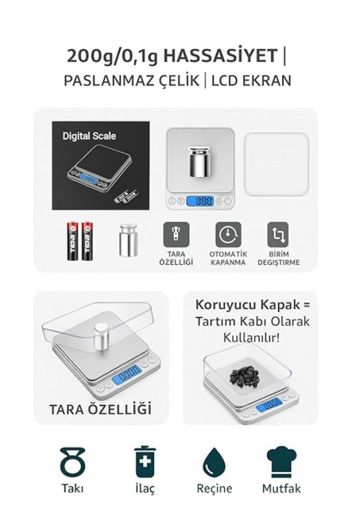ShopZum Suwors Dijital Hassas Terazi – 3000G/0.01G, Kalibrasyon Ağırlıklı, Lcd Ekranlı, Şeffaf Kapaklı