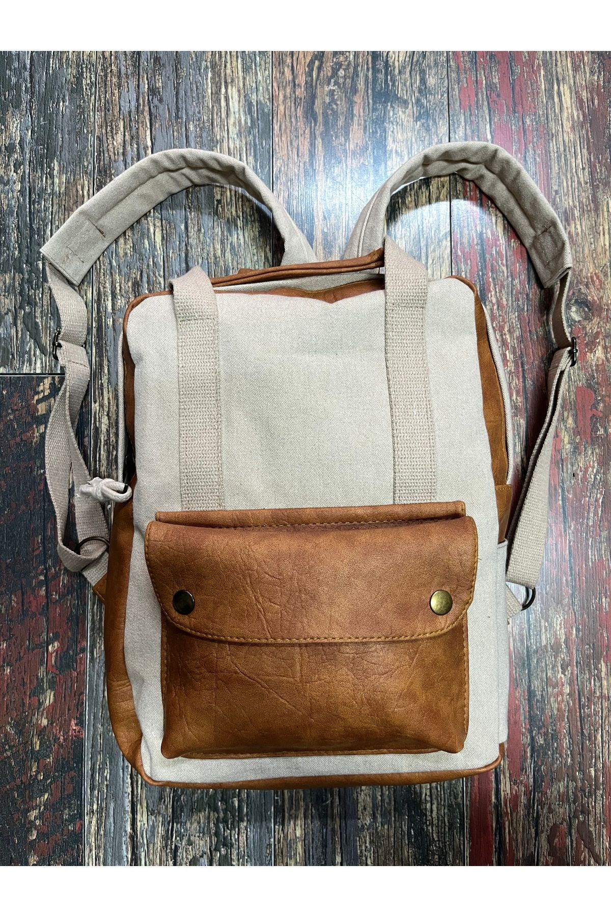 Street Bag Beyaz Modern Tasarım Kanvas Deri Su Geçirmez Cepli Taşıma Kollu Sırt Çantası