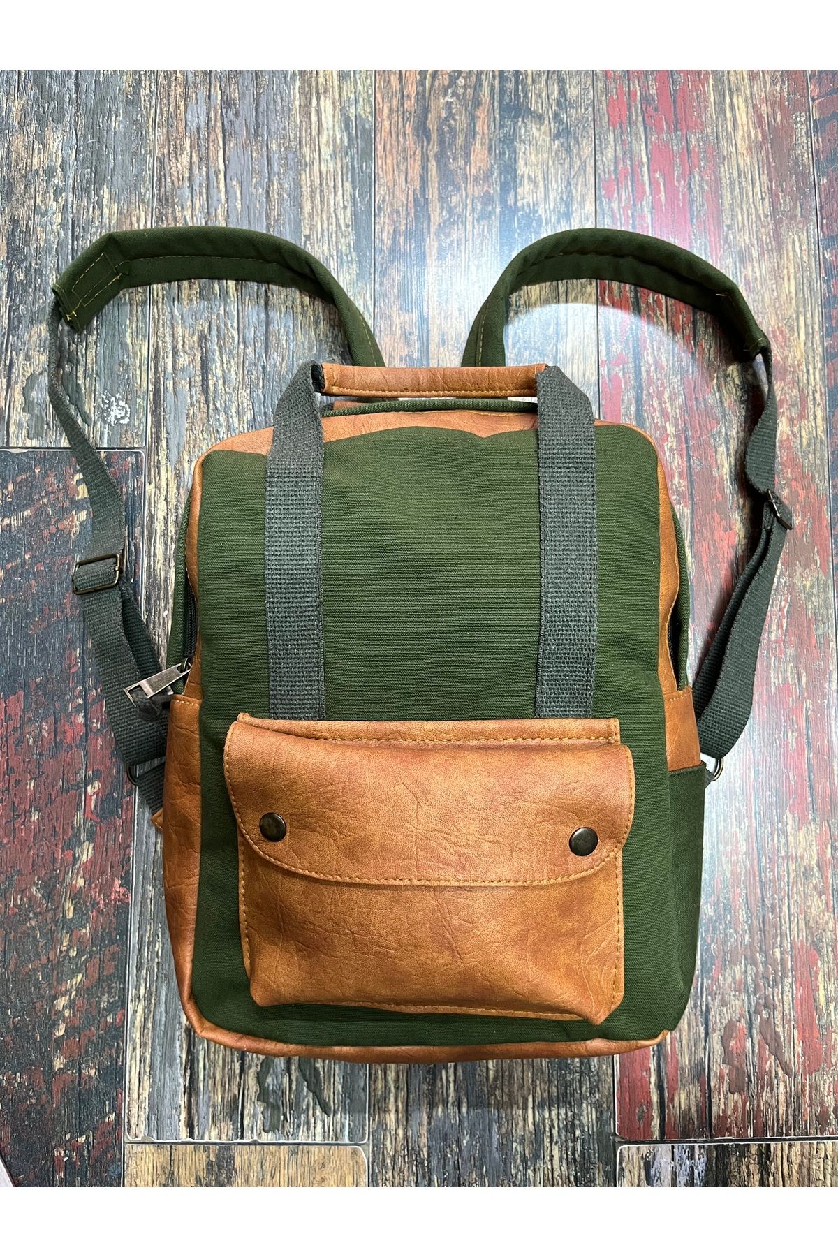 Street Bag Yeşil Modern Tasarım Kanvas Deri Su Geçirmez Cepli Taşıma Kollu Sırt Çantası