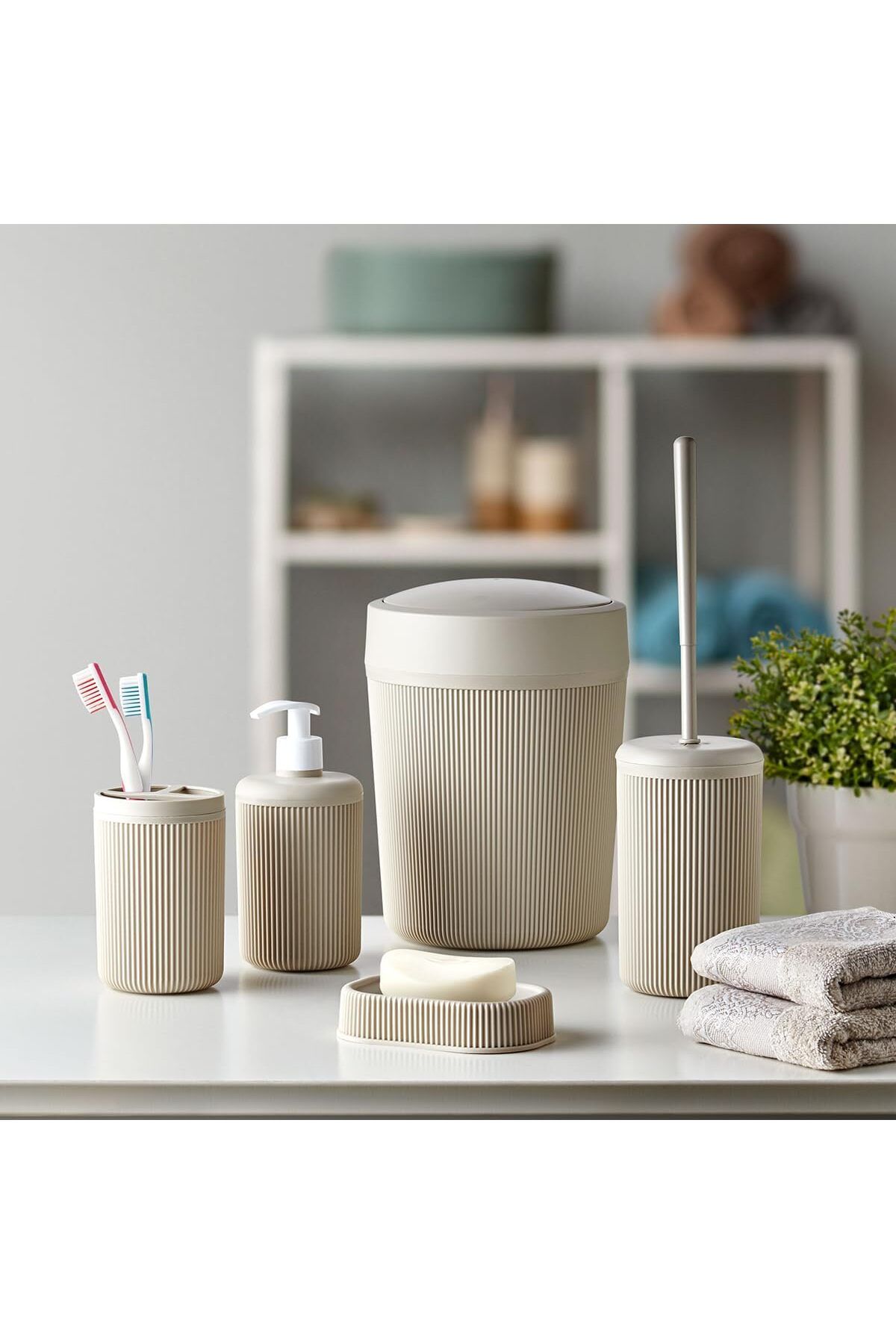 STOREMAX mrttnca Banyo Seti, Çöp Kovası, Sıvı Sabunluk, Diş Fırçalık, Sabunluk ve Tuvalet Fırçası