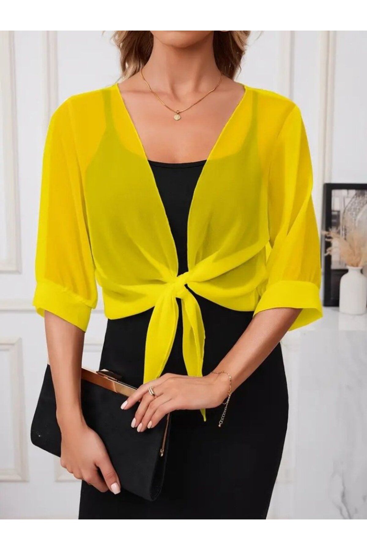 Meleners Kadın Yarım Kollu önden Bağlamalı Kısa şifon Bolero Ceket