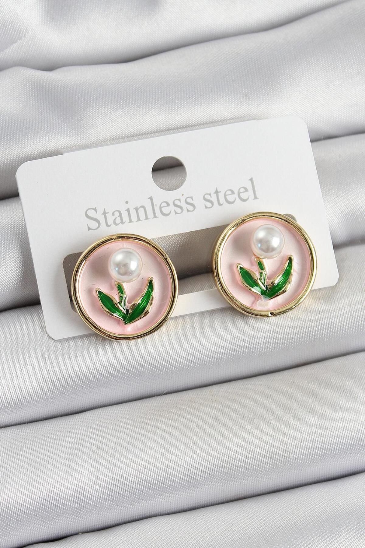 AfraBeauty 925 Ayar Pembe Mineli Lale Figürlü Sanatsal Portre Model Gold Renk Kadın Küpe
