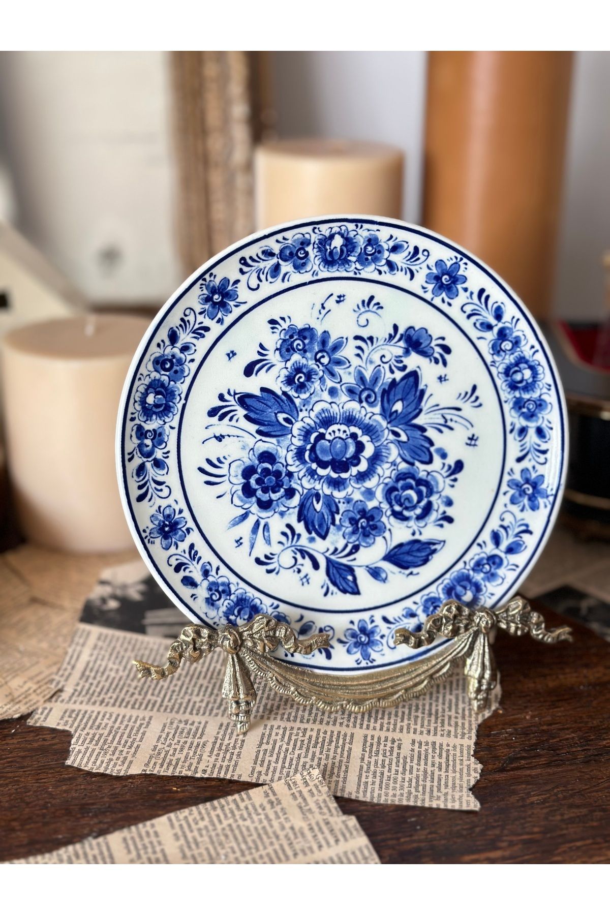 Handmadesign Antika Alman El boyaması Mavi Beyaz Blueblanc Duvar Tabağı Süsü 19 cm