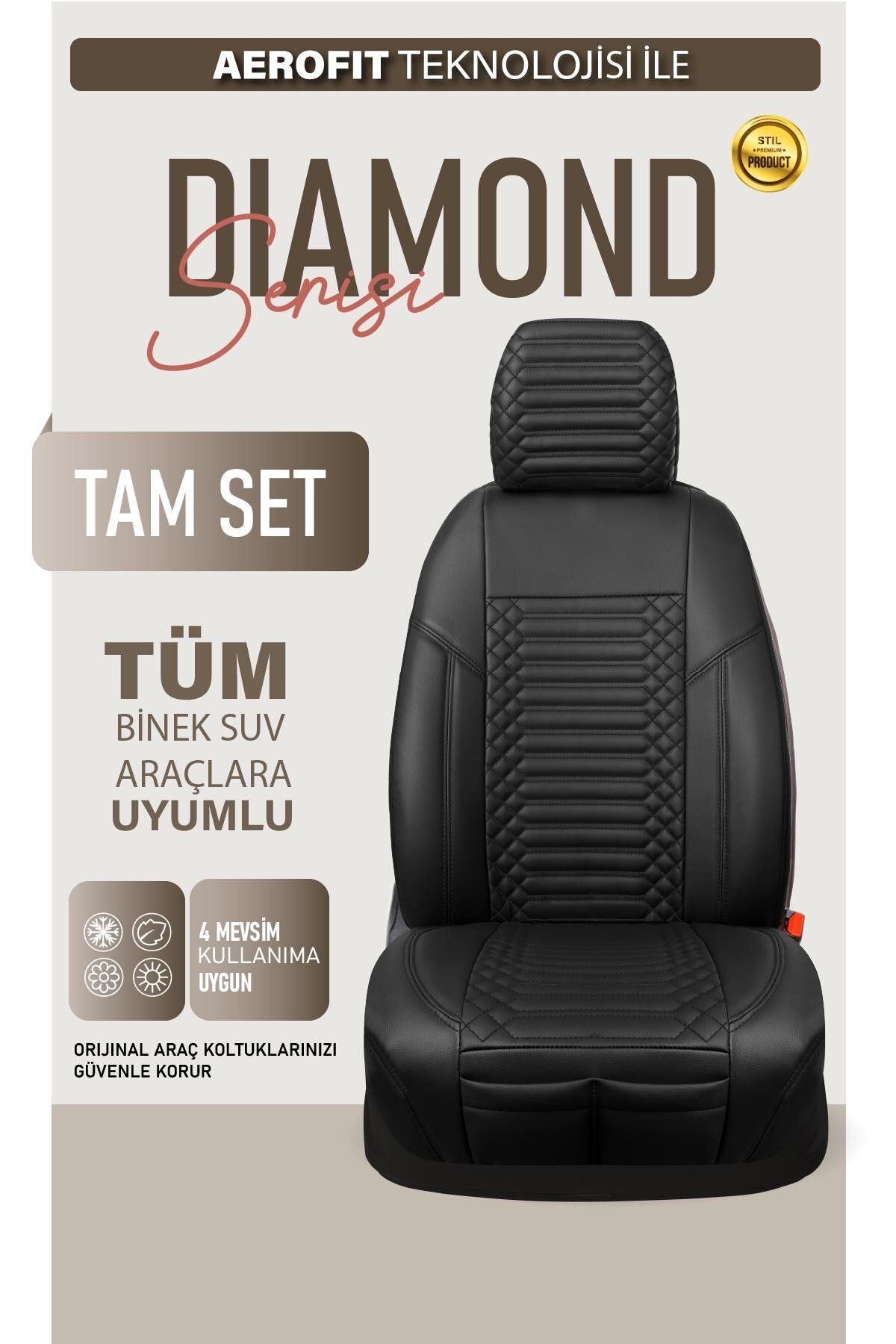 autogoodstore Jaguar F Pace Uyumlu Lüx Deri Oto Koltuk Kılıfı Ön Arka Takım DIAMOND Tam Siyah
