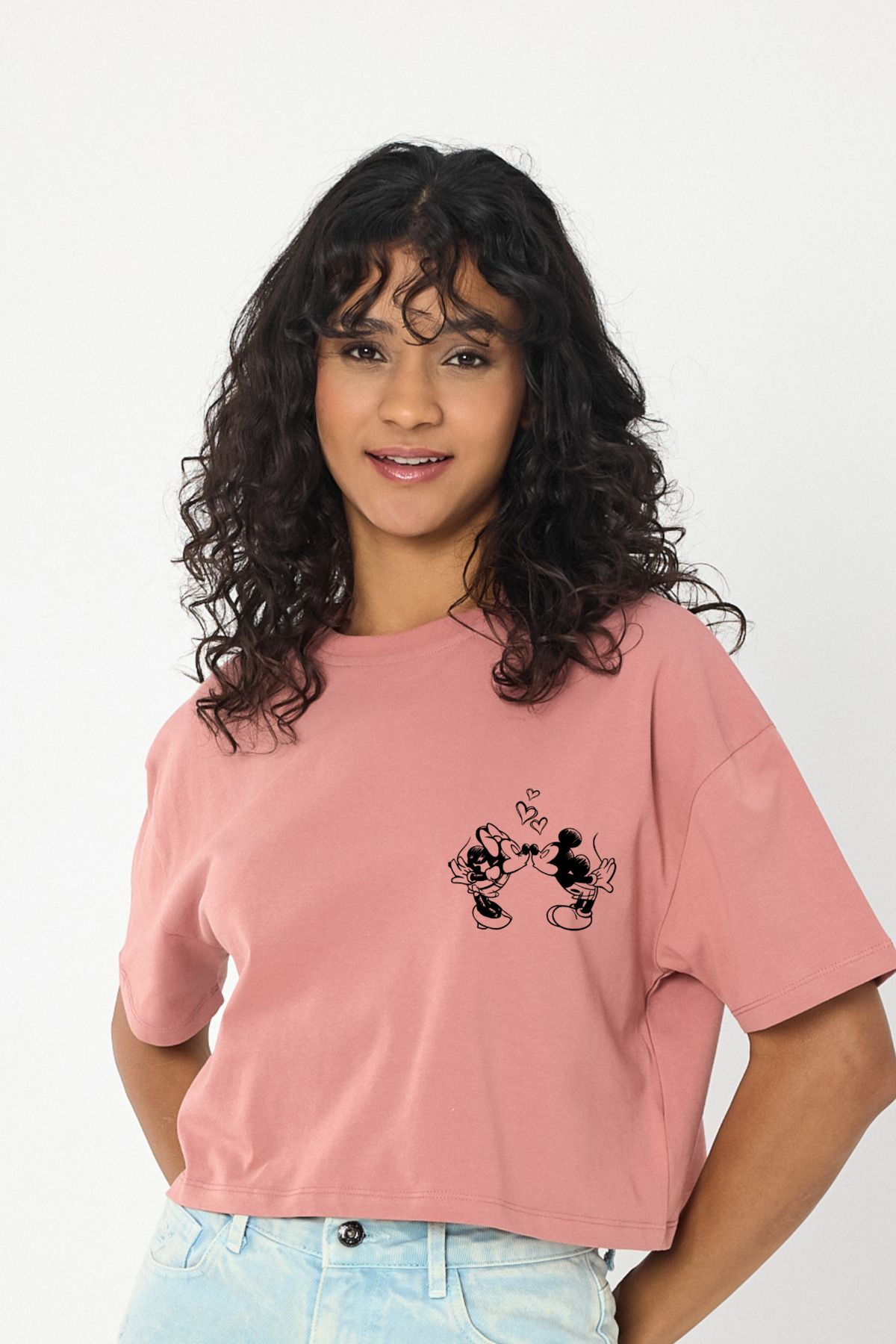 Windy Island Kadın Bisiklet Yaka Micky & Minnie Baskılı Crop T-shirt