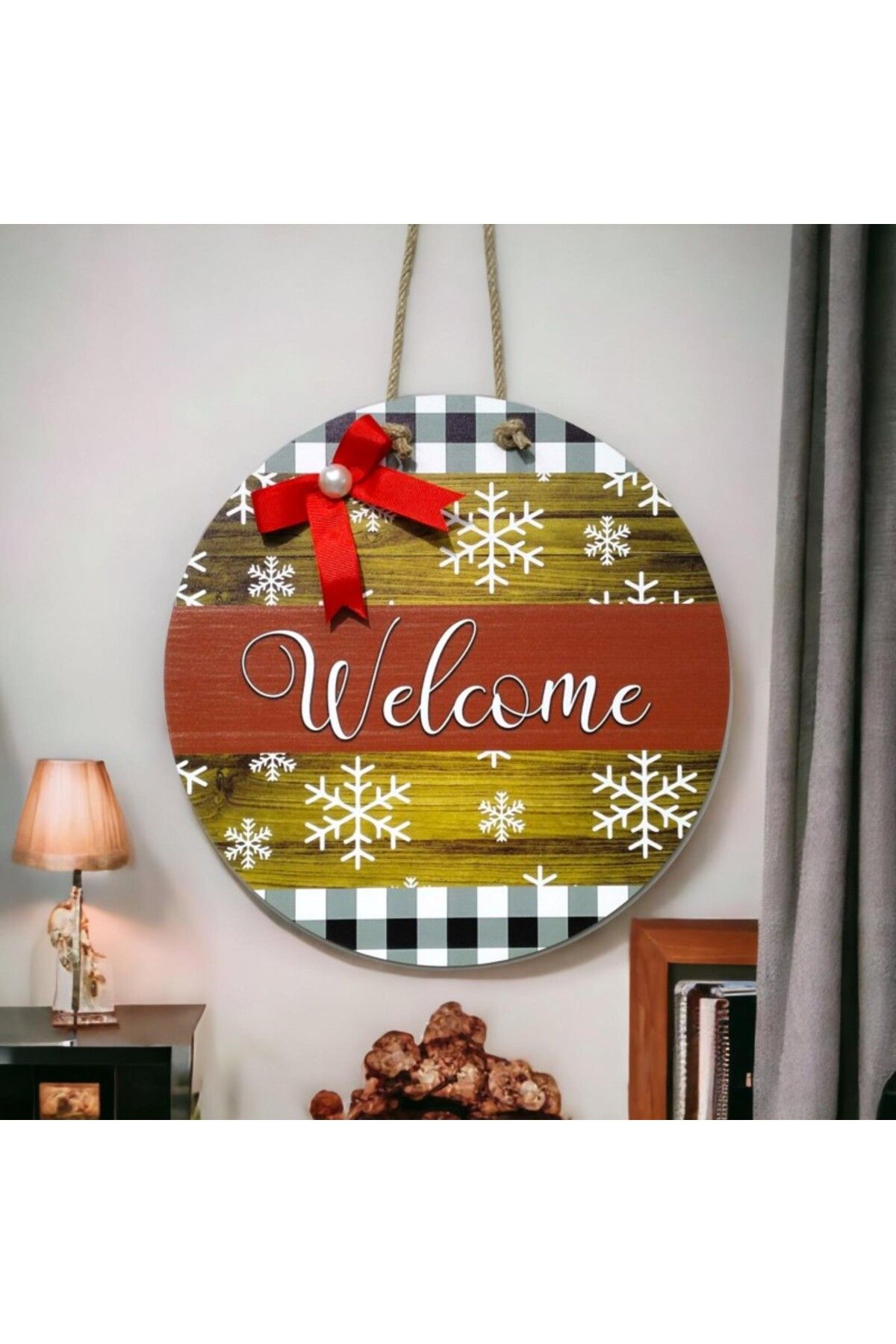 AyKa AVM Dijital Baskı Kırmızı Kurdeleli İncili Welcome Kapı Süsü 30 Cm Kapı Süsü