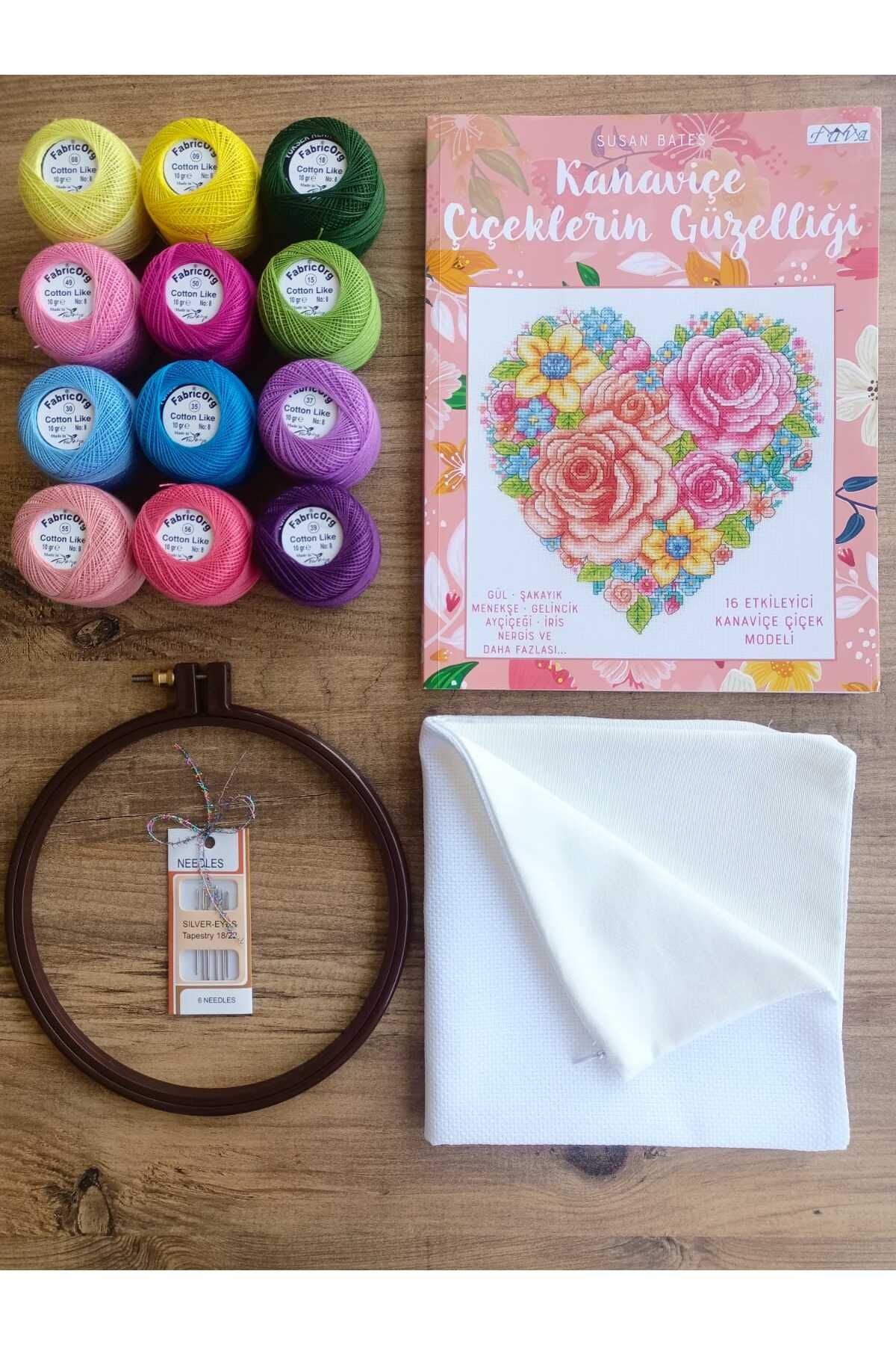 fabricorg Etamin Işlemelik 40x40 Cm Kırlent Kılıflı Nakış Seti (KANAVİÇE ÇİÇEKLERİN GÜZELLİĞİ KİTABI HEDİYELİ)