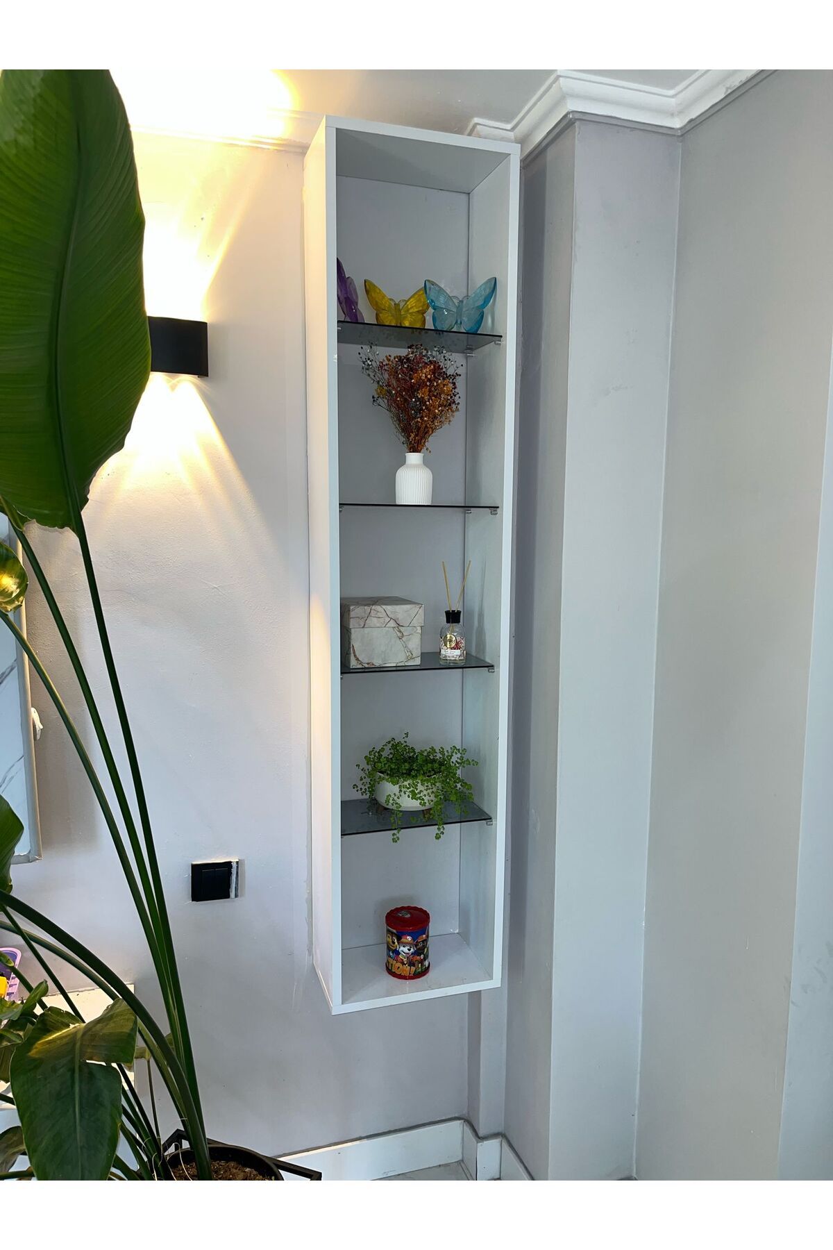 MatBeyaZ mdf duvar rafı tv ünitesi rafı 160cm boy 35cm en 25cm derinlik siyah cam raflı