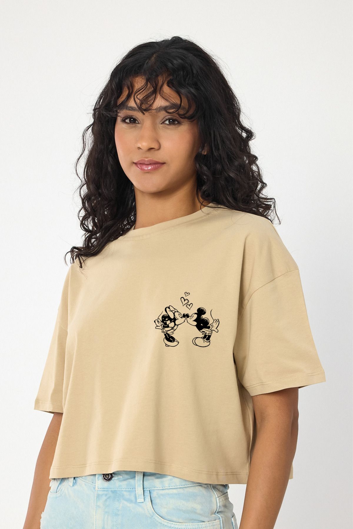 Windy Island Kadın Bisiklet Yaka Micky & Minnie Baskılı Crop T-shirt