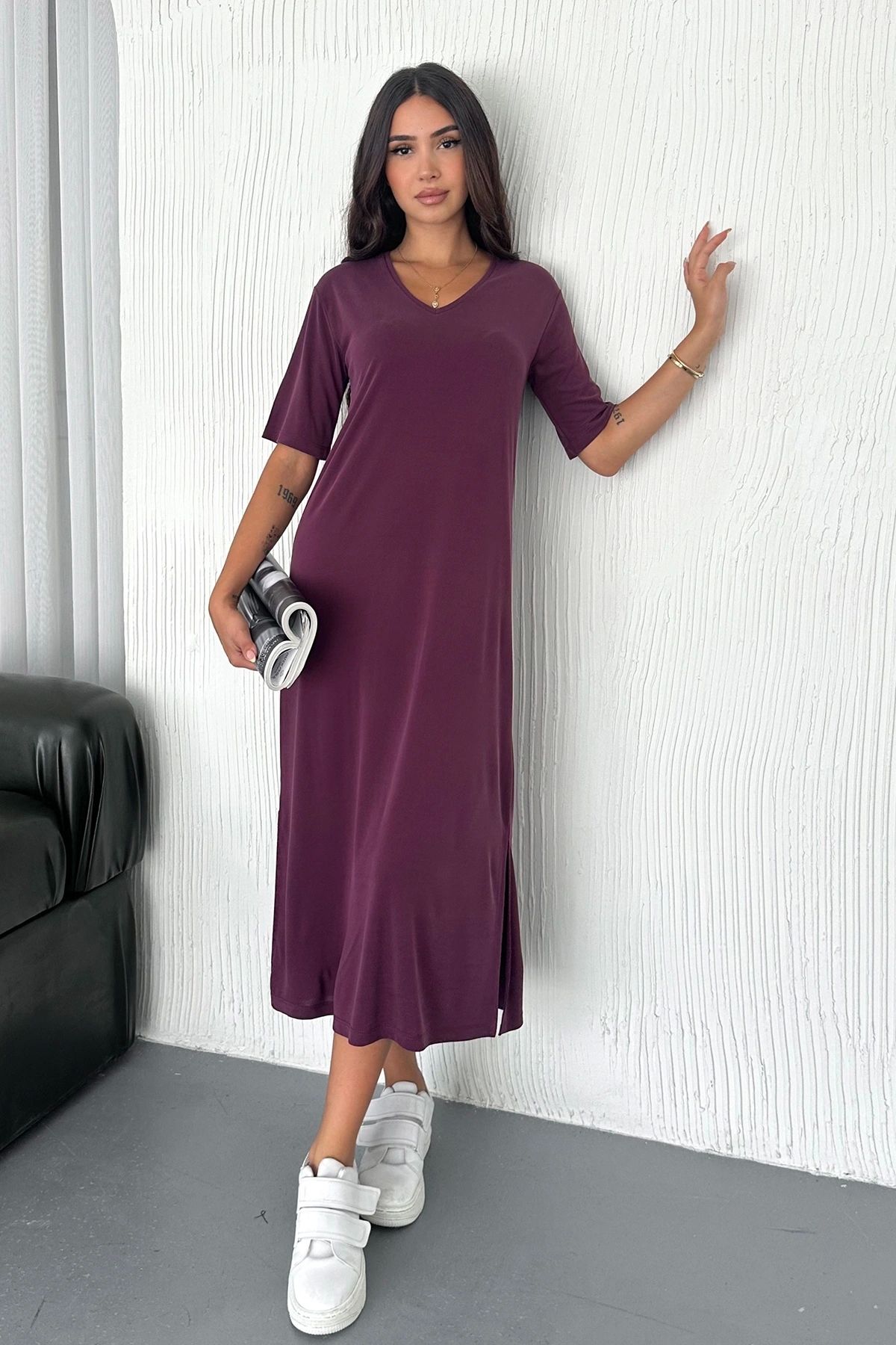 Meine Liebe Unterwäsche Modal Kumaş Kadın Midi Elbise – V Yaka, Günlük Yazlık Model
