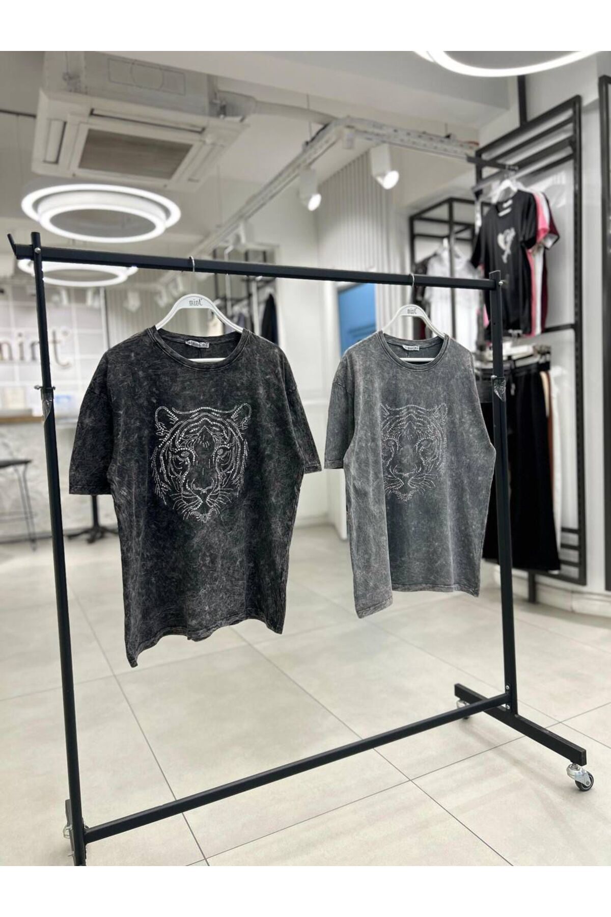 Mint Taş İşlemeli Aslan Detay Tshirt Açık Gri