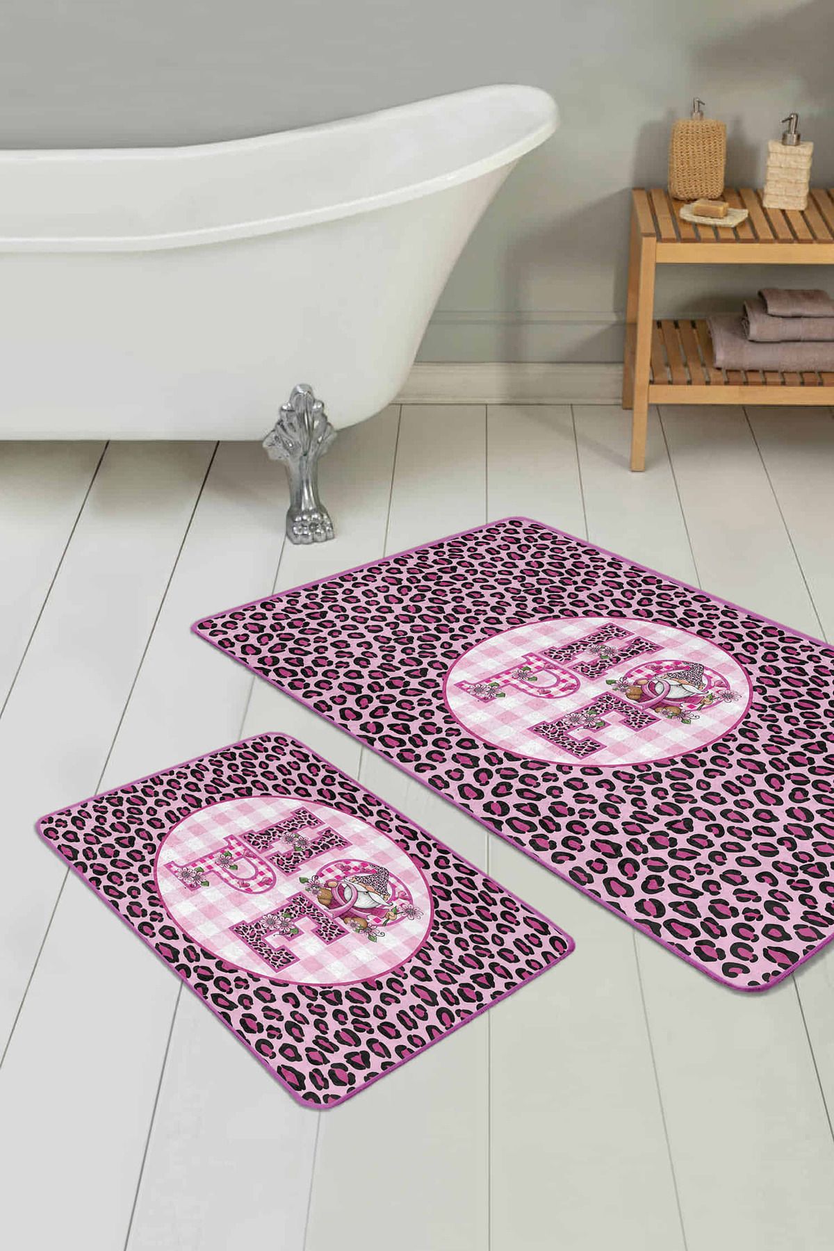 Realhomes Pembe Zebra Motifli Hope Temalı 2'li Banyo Paspas Takımı & Mutfak Paspas Seti