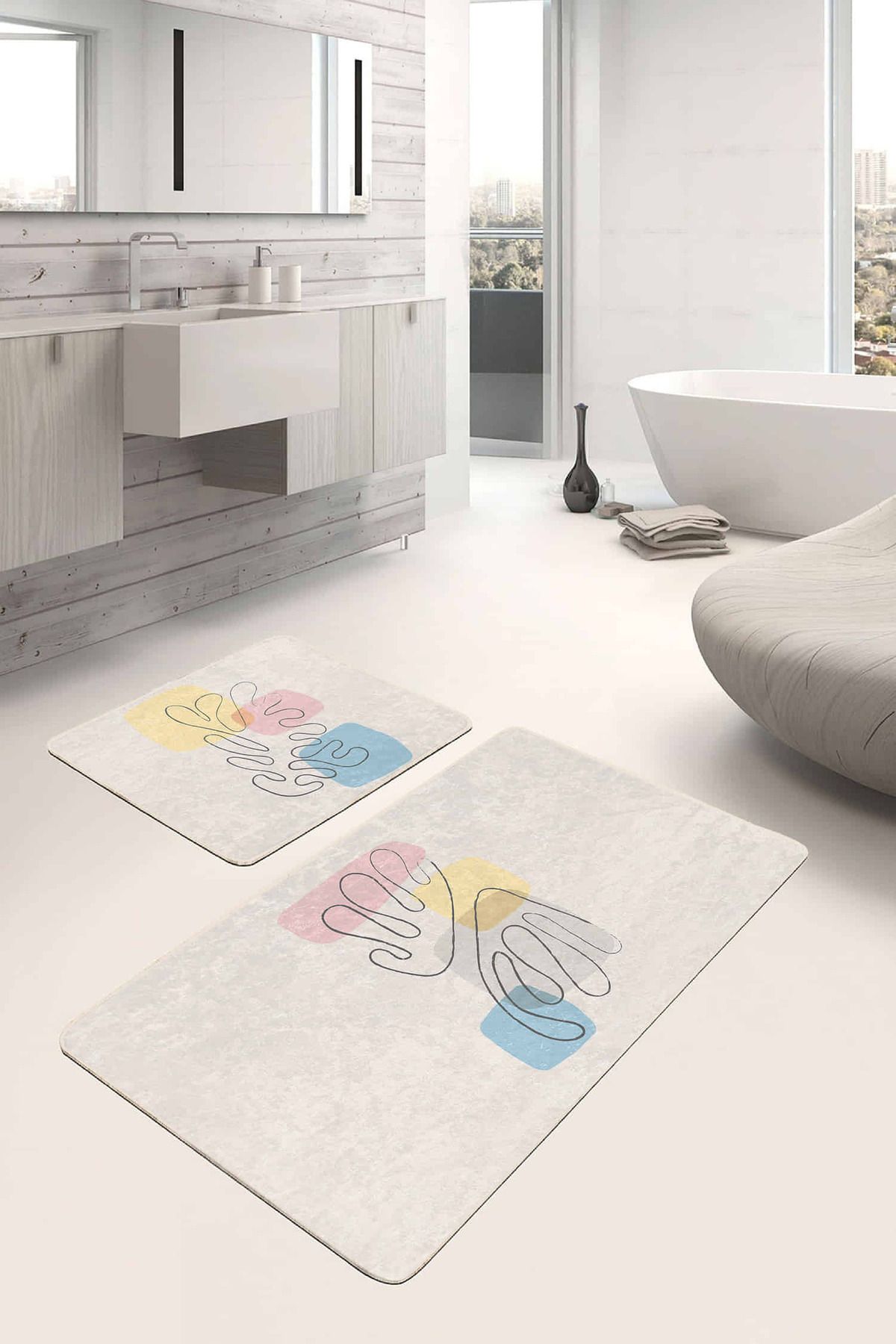 Realhomes Onedraw Motifli Dijital Baskılı Özel Tasarım 2'li Kaymaz Tabanlı Banyo & Mutfak Paspas Takımı