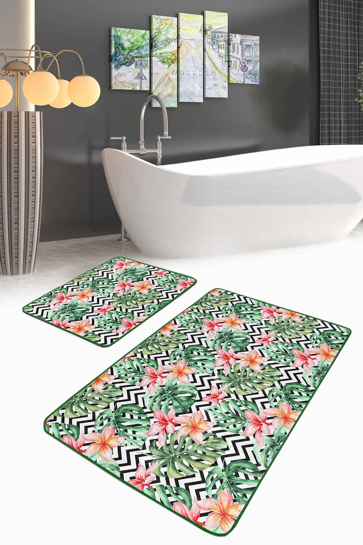 Realhomes Siyah Zigzag Zemin Tropik Yaprak Gül Motifli 2'li Kaymaz Tabanlı Banyo & Mutfak Paspas Takımı
