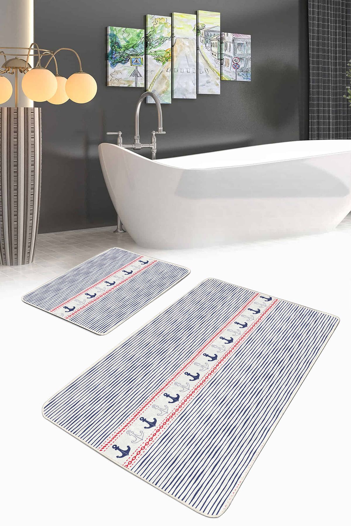 Realhomes Çizgili Zemin Çapa Temalı Dijital Baskılı 2'li Kaymaz Tabanlı Banyo & Mutfak Paspas Takımı