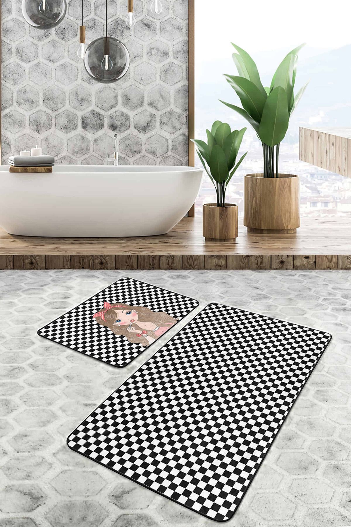 Realhomes Dama Tasarım Rujlu Kız Motifli 2'li Kaymaz Tabanlı Banyo & Mutfak Paspas Takımı