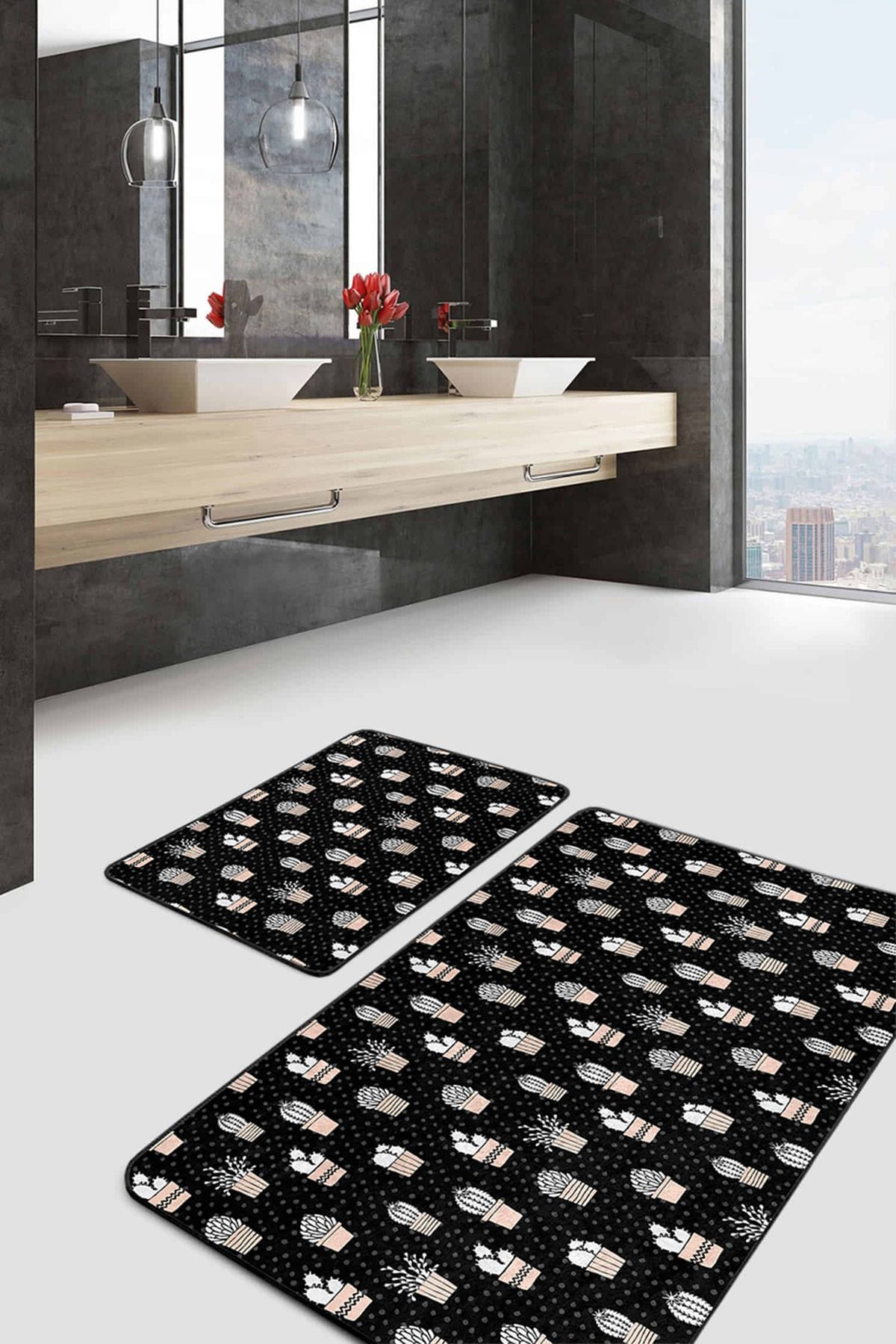 Realhomes Siyah Zemin Puantiye Motifli Kaktüs Temalı 2'li Kaymaz Tabanlı Banyo & Mutfak Paspas Takımı