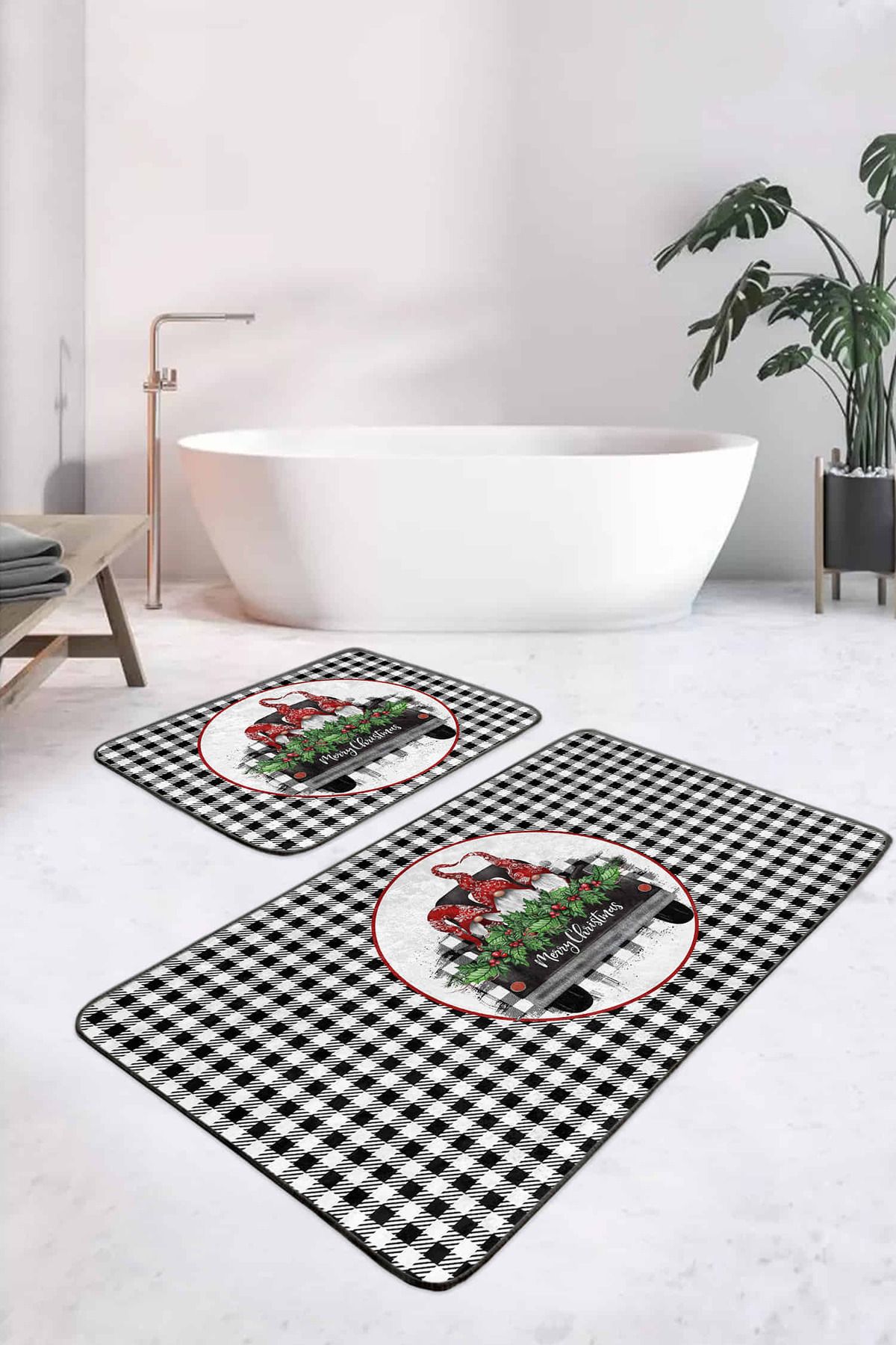 Realhomes Siyah Beyaz Ekose Tasarımlı 2'li Banyo Paspas Takımı & Mutfak Paspas Seti