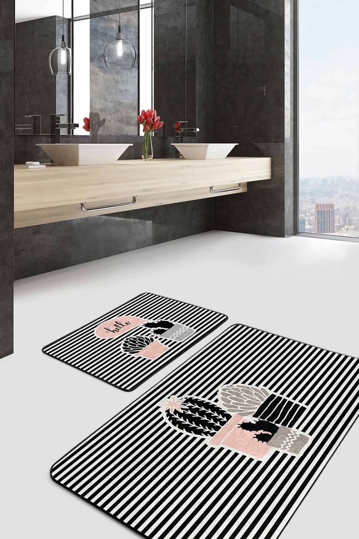 Realhomes Çizgili Zemin Kaktüs Özel Tasarım Dijital Baskılı 2'li Kaymaz Tabanlı Banyo & Mutfak Paspas Takımı