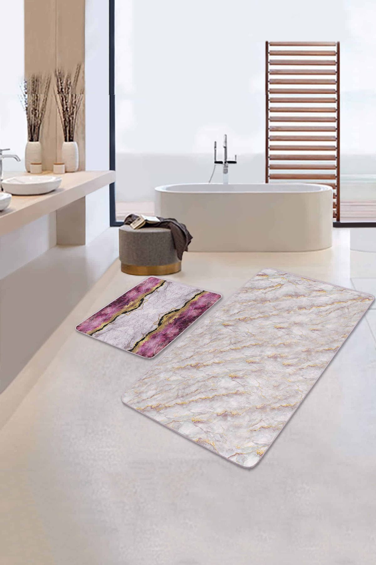 Realhomes Mermer Motifli Mor Mermer Detaylı 2'li Kaymaz Tabanlı Banyo & Mutfak Paspas Takımı