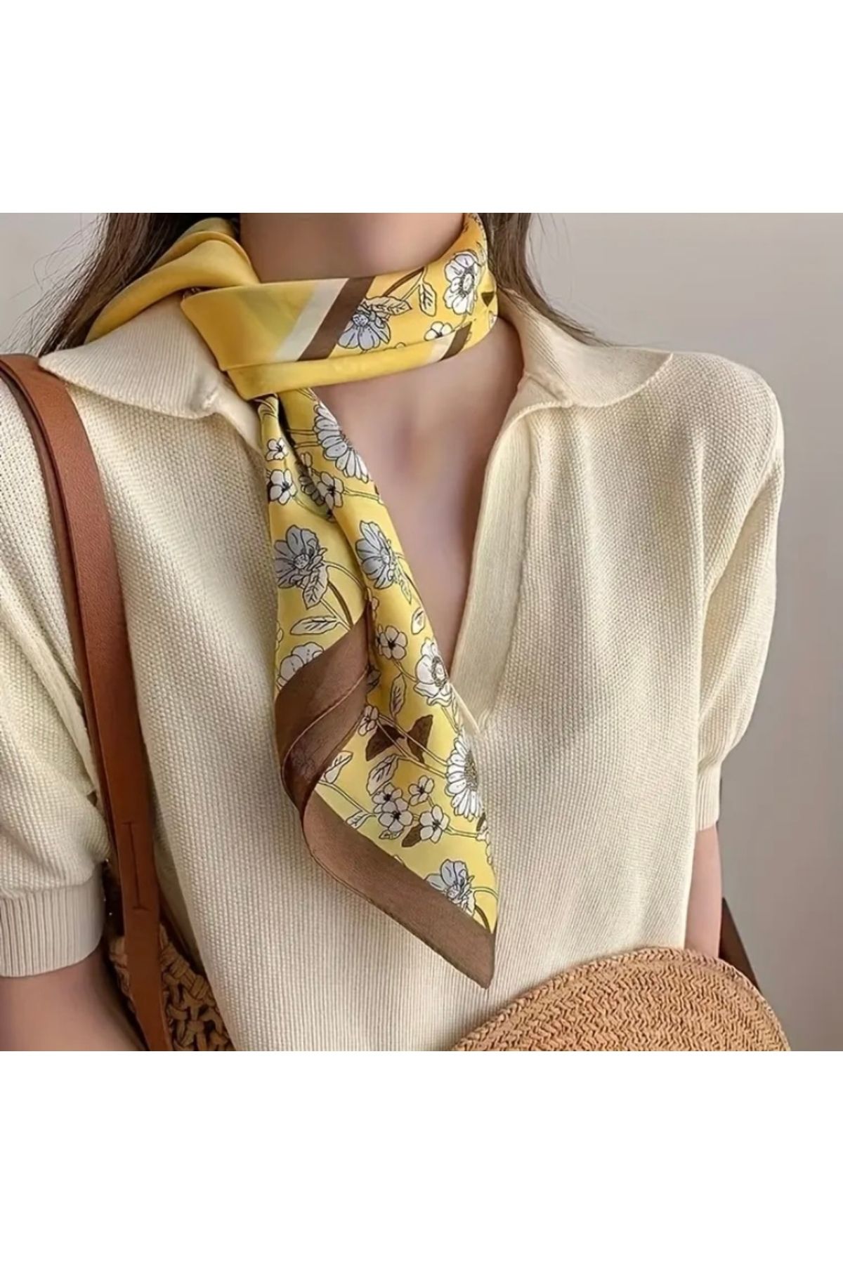 Accessories Vanilla Avenue Vintage Şık Boho Çiçek Desenli Sarı İpek Görünüm Şal Fular Kadın Aksesuar