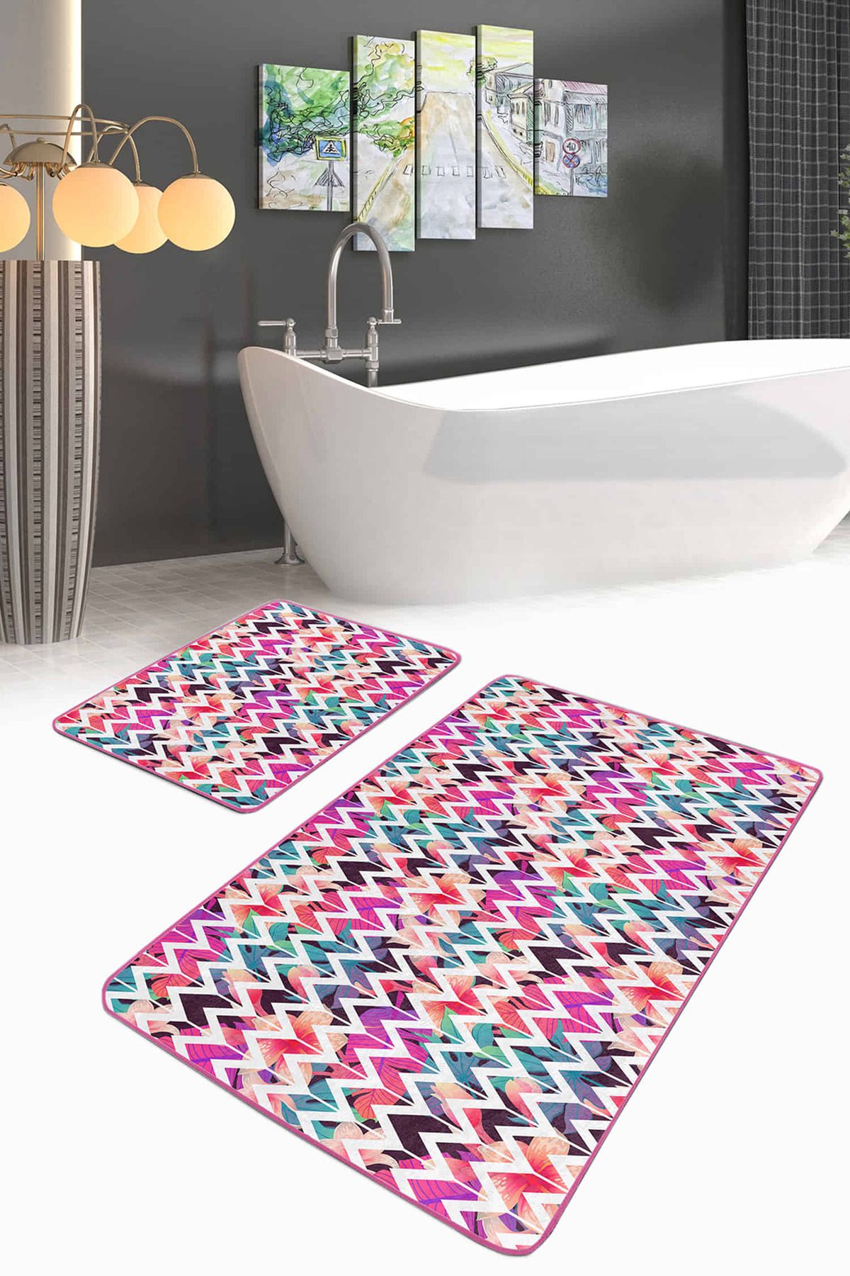 Realhomes Renkli Tropik Yaprak Zigzag Motifli 2'li Kaymaz Tabanlı Banyo & Mutfak Paspas Takımı