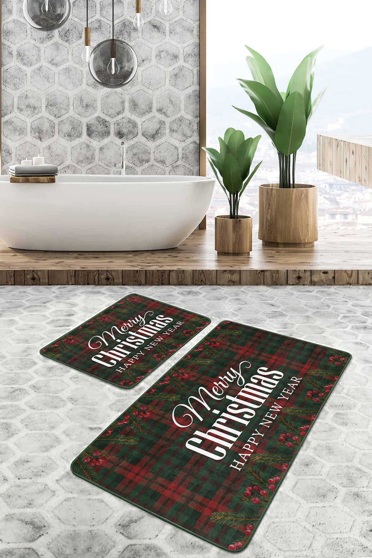 Realhomes Mery Christmas Temalı Ekose Zeminli Özel Tasarım 2'li Kaymaz Tabanlı Banyo & Mutfak Paspas Takımı