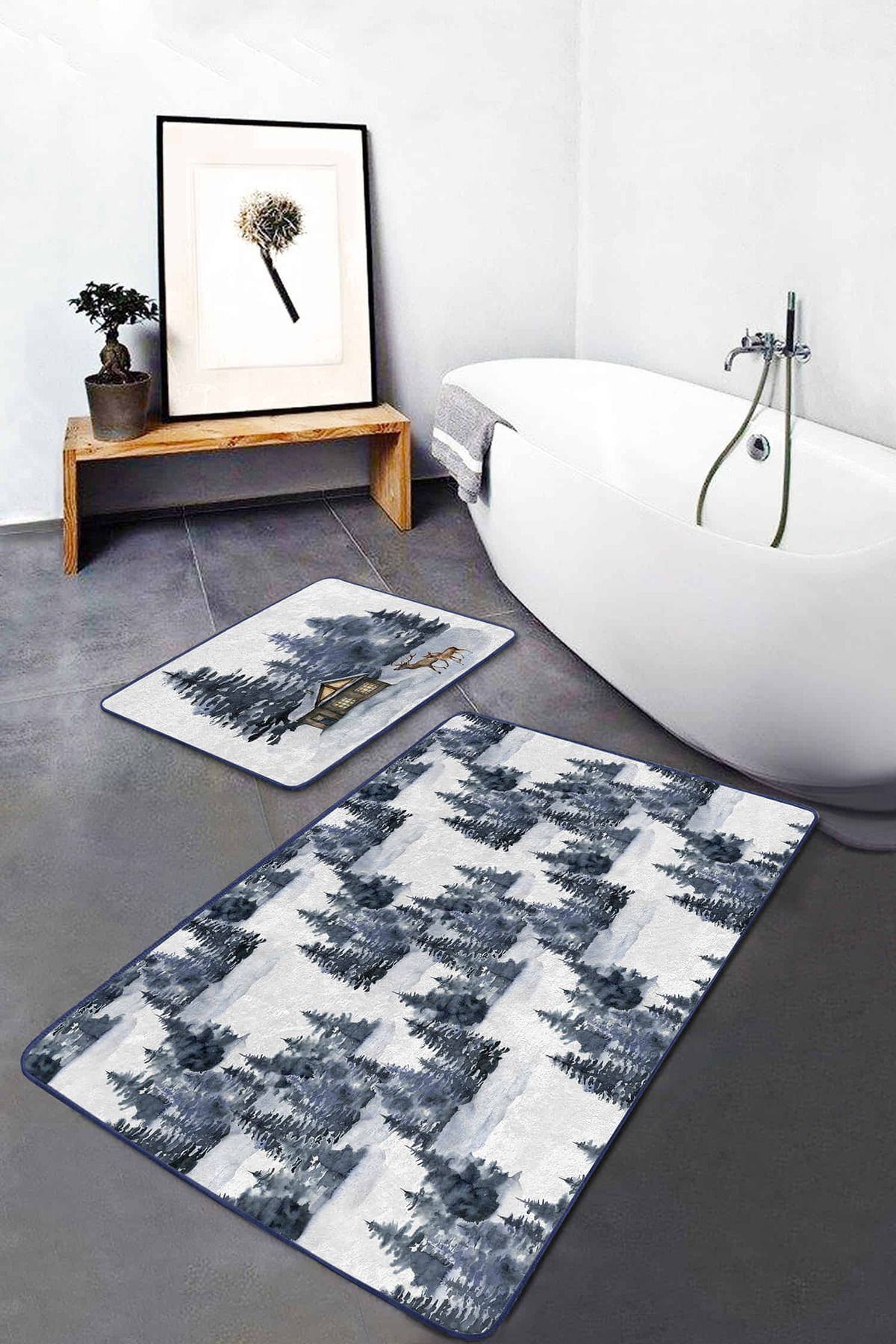Realhomes Mavi Çini Çizimli Kelebek Özel Tasarım 2'li Kaymaz Tabanlı Banyo & Mutfak Paspas Takımı