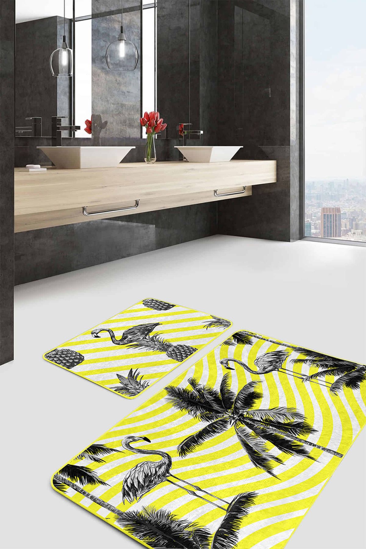 Realhomes Sarı Çizgili Zemin Siyah Flamingo Tasarımlı 2'li Kaymaz Tabanlı Banyo & Mutfak Paspas Takımı